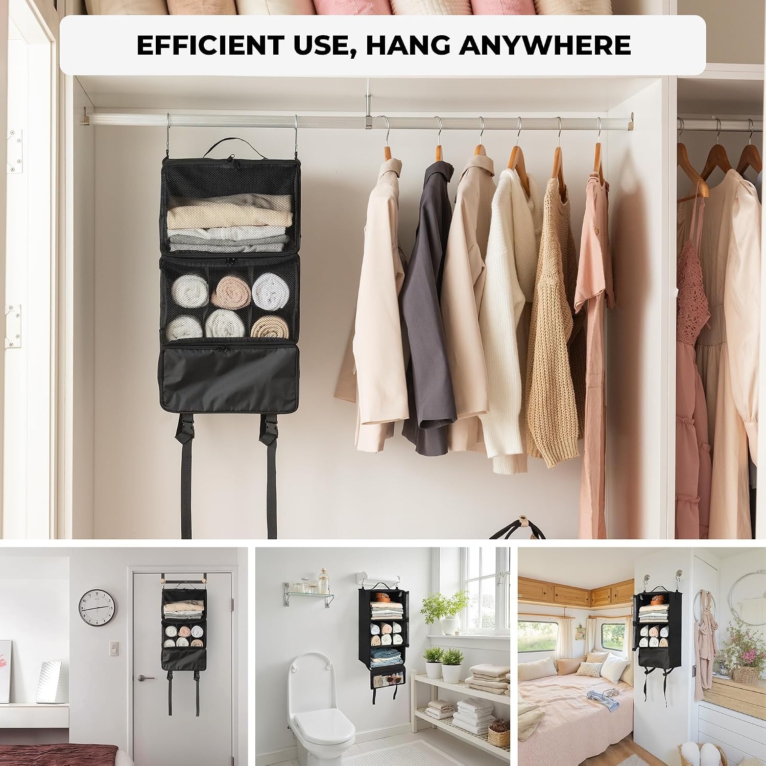 image:imageGRANNY SAYS Hanging Packing Cubes for Travel Large Portable Hanging Suitcase Organizer Foldable Compression Luggage Organizer Bags for Clothes Carry on Closet Suitcase XLBlue Travel ShelvesBlack