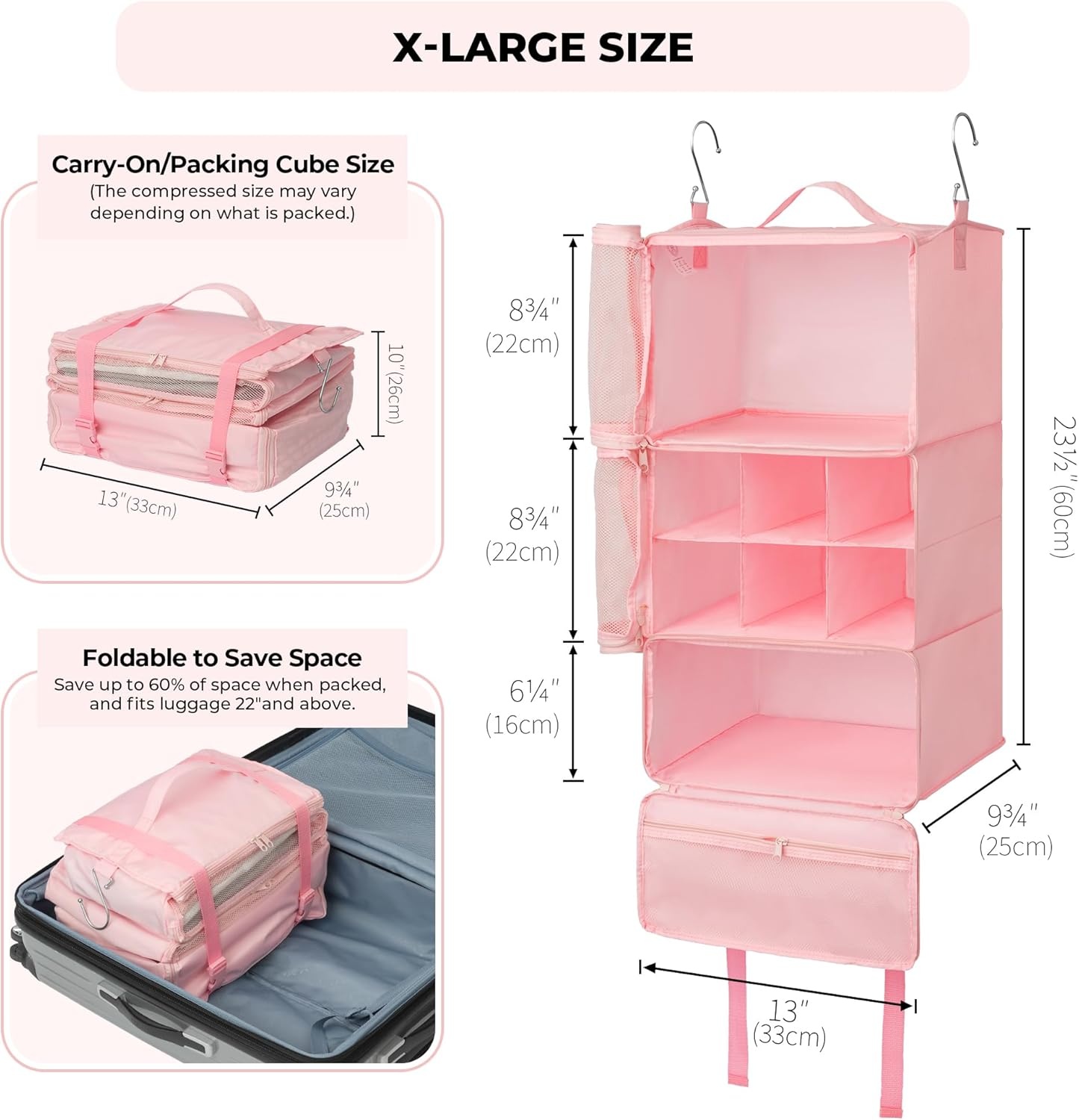 image:imageGRANNY SAYS Hanging Packing Cubes for Travel Large Portable Hanging Suitcase Organizer Foldable Compression Luggage Organizer Bags for Clothes Carry on Closet Suitcase XLBlue Travel ShelvesPink