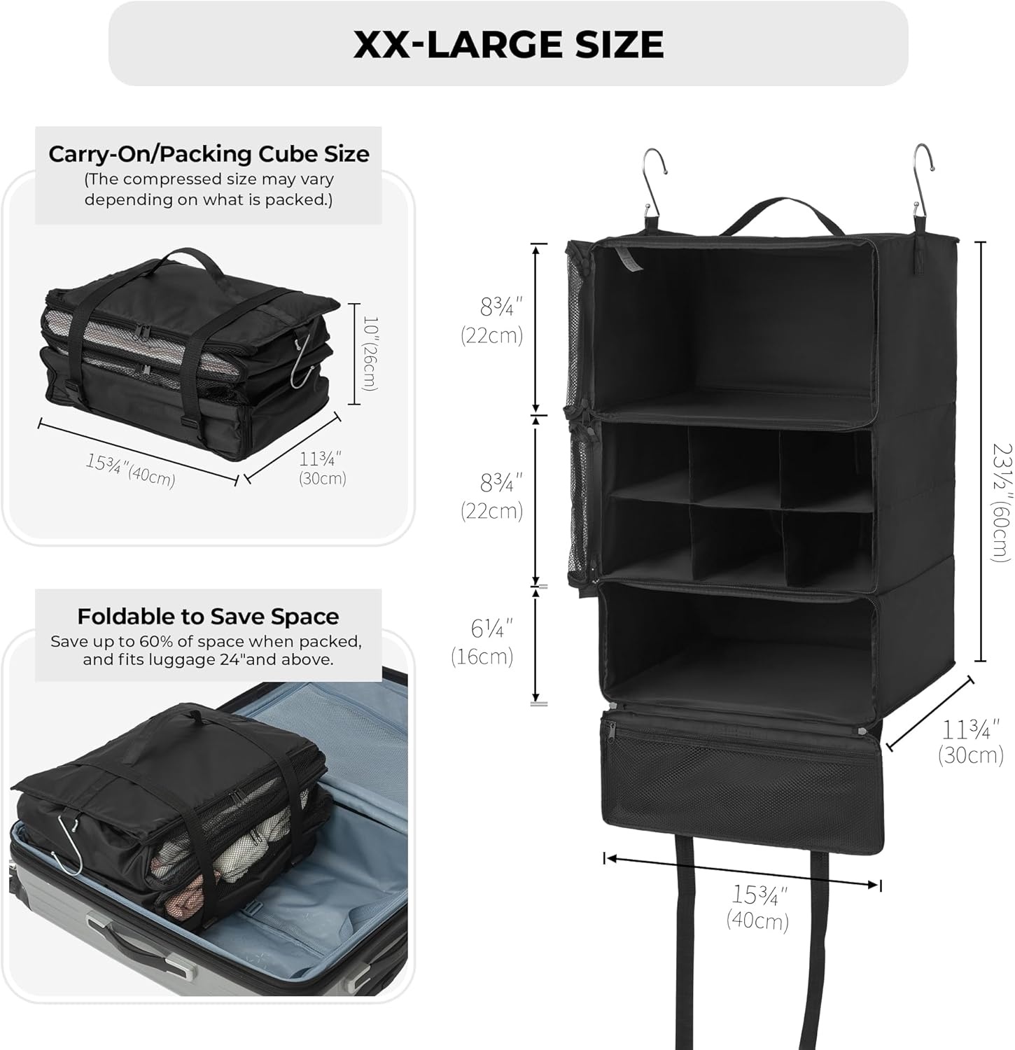 image:imageGRANNY SAYS Hanging Packing Cubes for Travel Large Portable Hanging Suitcase Organizer Foldable Compression Luggage Organizer Bags for Clothes Carry on Closet Suitcase XLBlue Travel ShelvesBlack