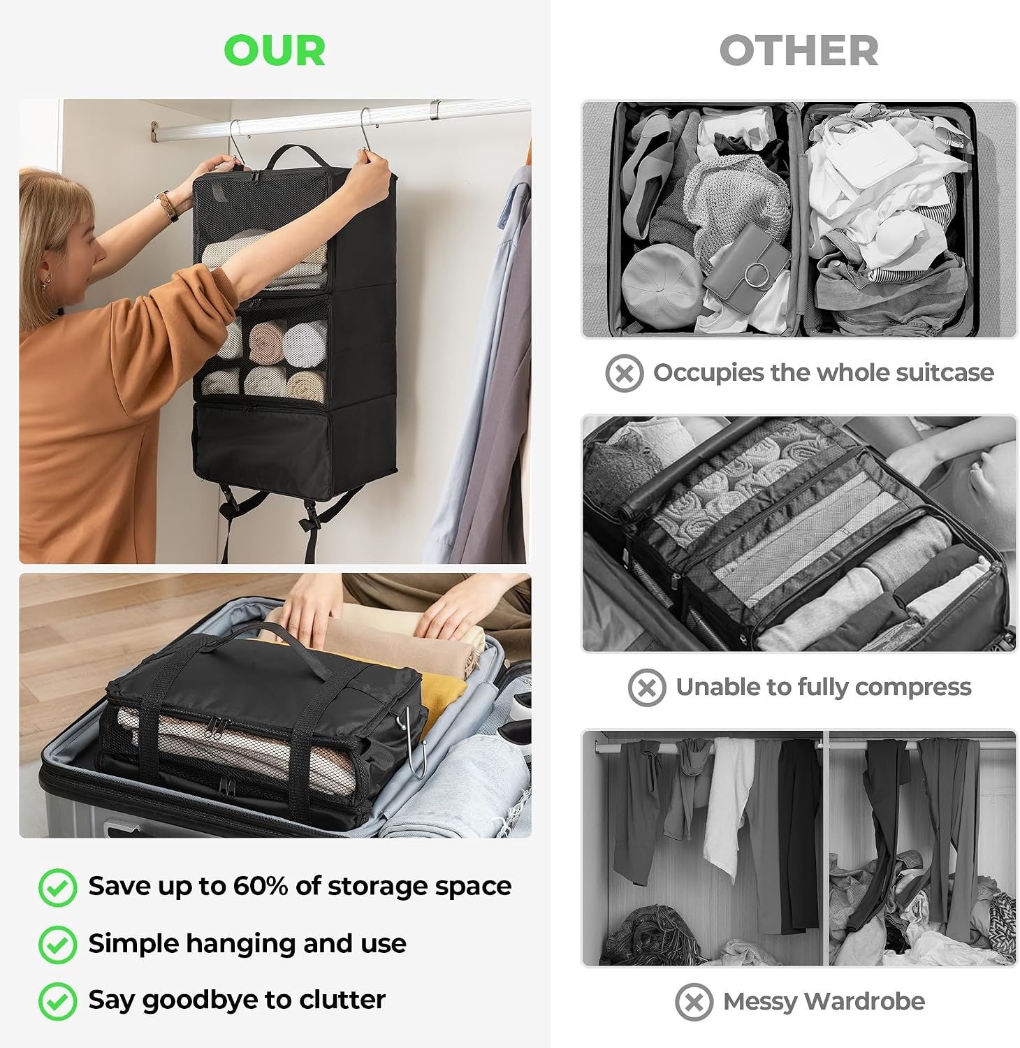 image:imageGRANNY SAYS Hanging Packing Cubes for Travel Large Portable Hanging Suitcase Organizer Foldable Compression Luggage Organizer Bags for Clothes Carry on Closet Suitcase XLBlue Travel ShelvesBlack