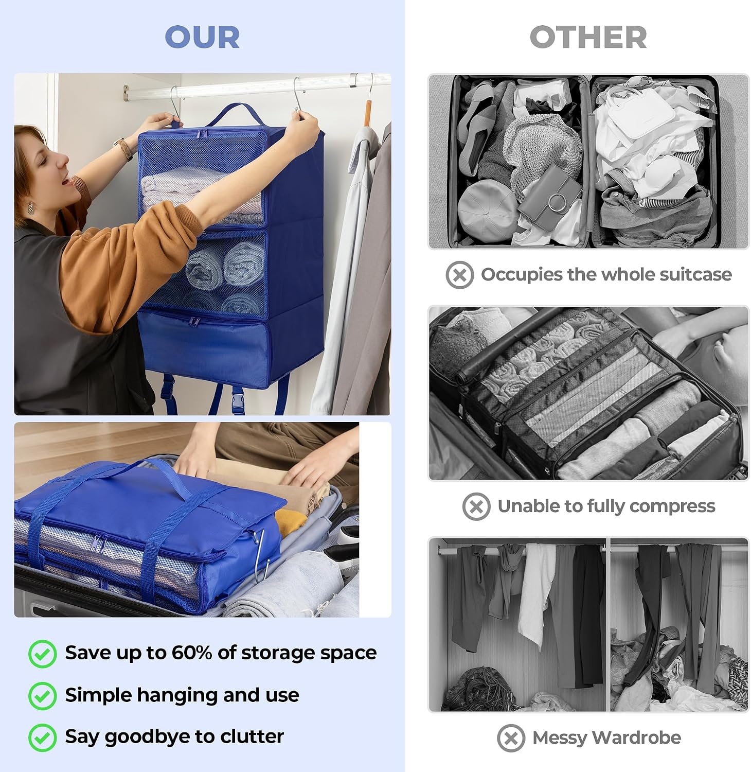 image:imageGRANNY SAYS Hanging Packing Cubes for Travel Large Portable Hanging Suitcase Organizer Foldable Compression Luggage Organizer Bags for Clothes Carry on Closet Suitcase XLBlue Travel ShelvesBlue