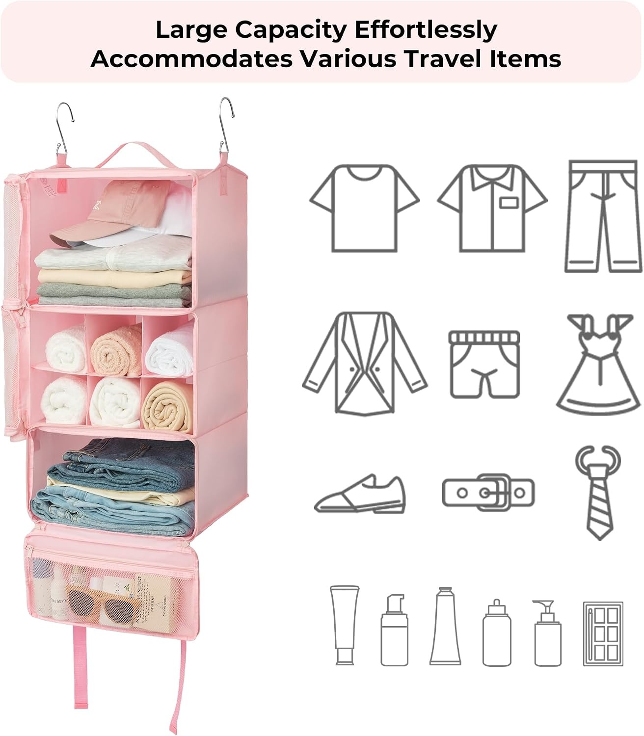 image:imageGRANNY SAYS Hanging Packing Cubes for Travel Large Portable Hanging Suitcase Organizer Foldable Compression Luggage Organizer Bags for Clothes Carry on Closet Suitcase XLBlue Travel ShelvesPink