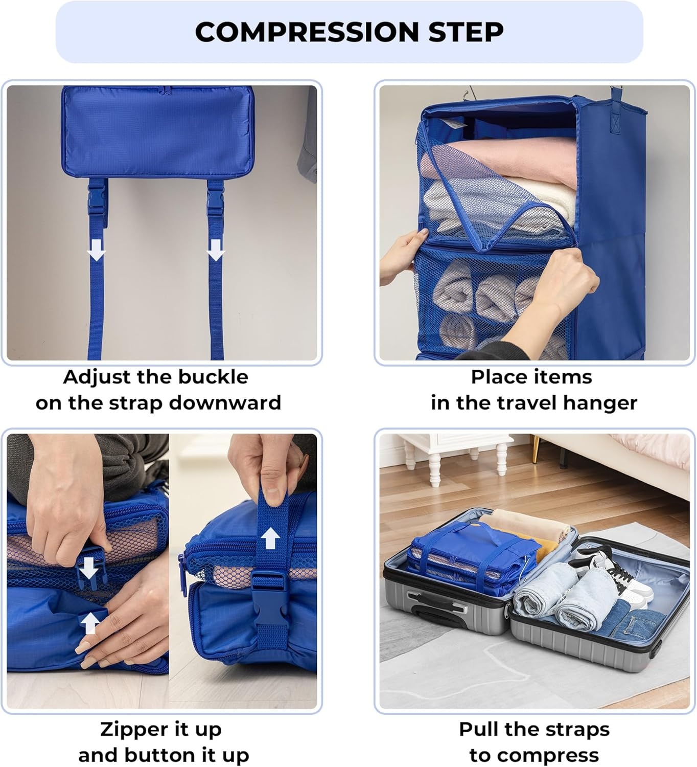 image:imageGRANNY SAYS Hanging Packing Cubes for Travel Large Portable Hanging Suitcase Organizer Foldable Compression Luggage Organizer Bags for Clothes Carry on Closet Suitcase XLBlue Travel ShelvesBlue