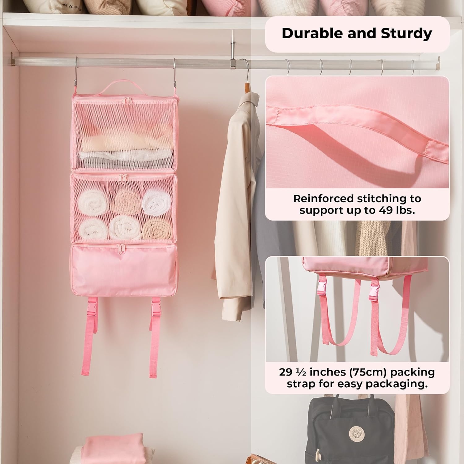 image:imageGRANNY SAYS Hanging Packing Cubes for Travel Large Portable Hanging Suitcase Organizer Foldable Compression Luggage Organizer Bags for Clothes Carry on Closet Suitcase XLBlue Travel ShelvesPink