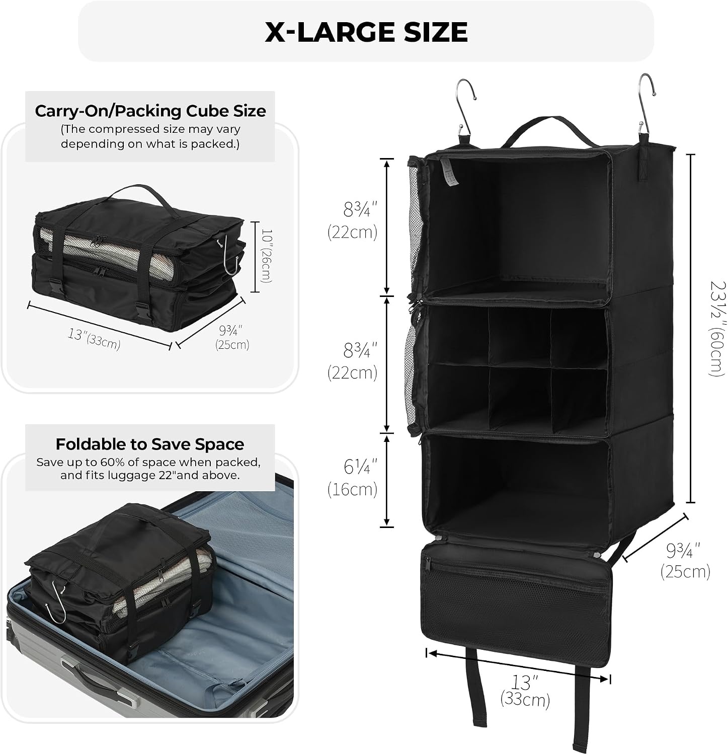 image:imageGRANNY SAYS Hanging Packing Cubes for Travel Large Portable Hanging Suitcase Organizer Foldable Compression Luggage Organizer Bags for Clothes Carry on Closet Suitcase XLBlue Travel ShelvesBlack