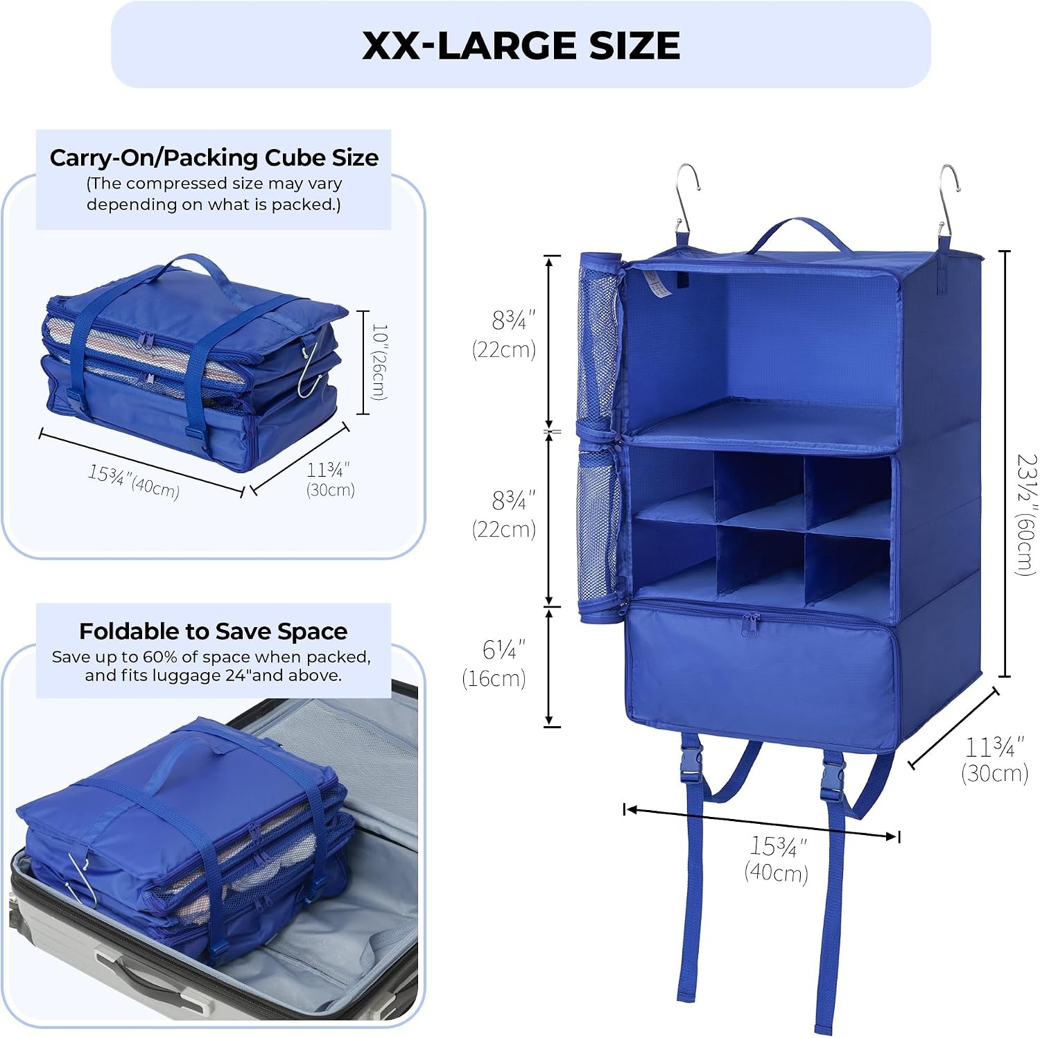 image:imageGRANNY SAYS Hanging Packing Cubes for Travel Large Portable Hanging Suitcase Organizer Foldable Compression Luggage Organizer Bags for Clothes Carry on Closet Suitcase XLBlue Travel ShelvesBlue