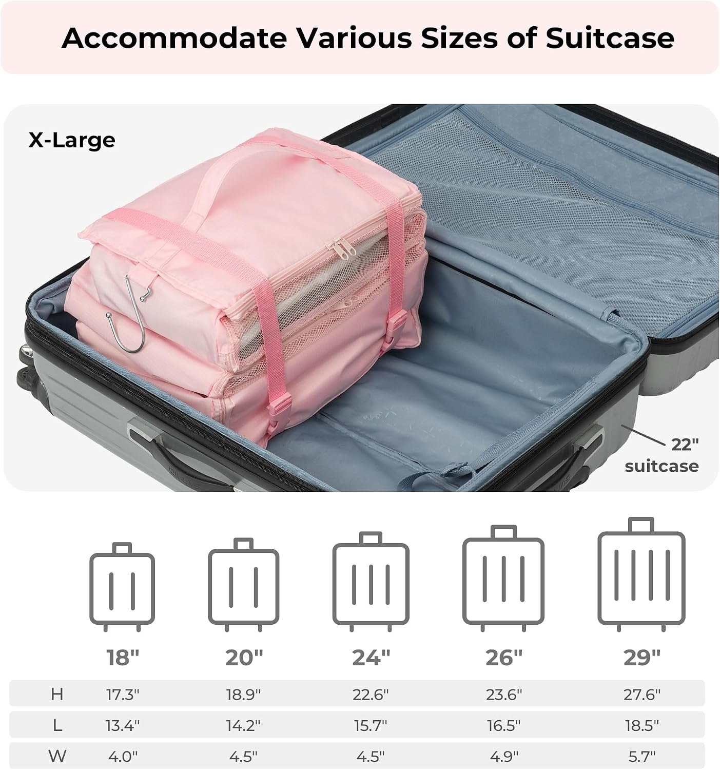 image:imageGRANNY SAYS Hanging Packing Cubes for Travel Large Portable Hanging Suitcase Organizer Foldable Compression Luggage Organizer Bags for Clothes Carry on Closet Suitcase XLBlue Travel ShelvesPink