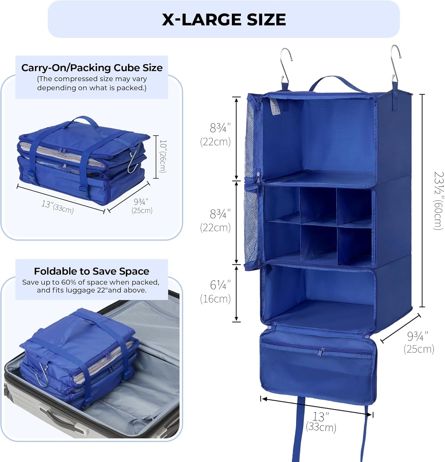 image:imageGRANNY SAYS Hanging Packing Cubes for Travel Large Portable Hanging Suitcase Organizer Foldable Compression Luggage Organizer Bags for Clothes Carry on Closet Suitcase XLBlue Travel ShelvesBlue