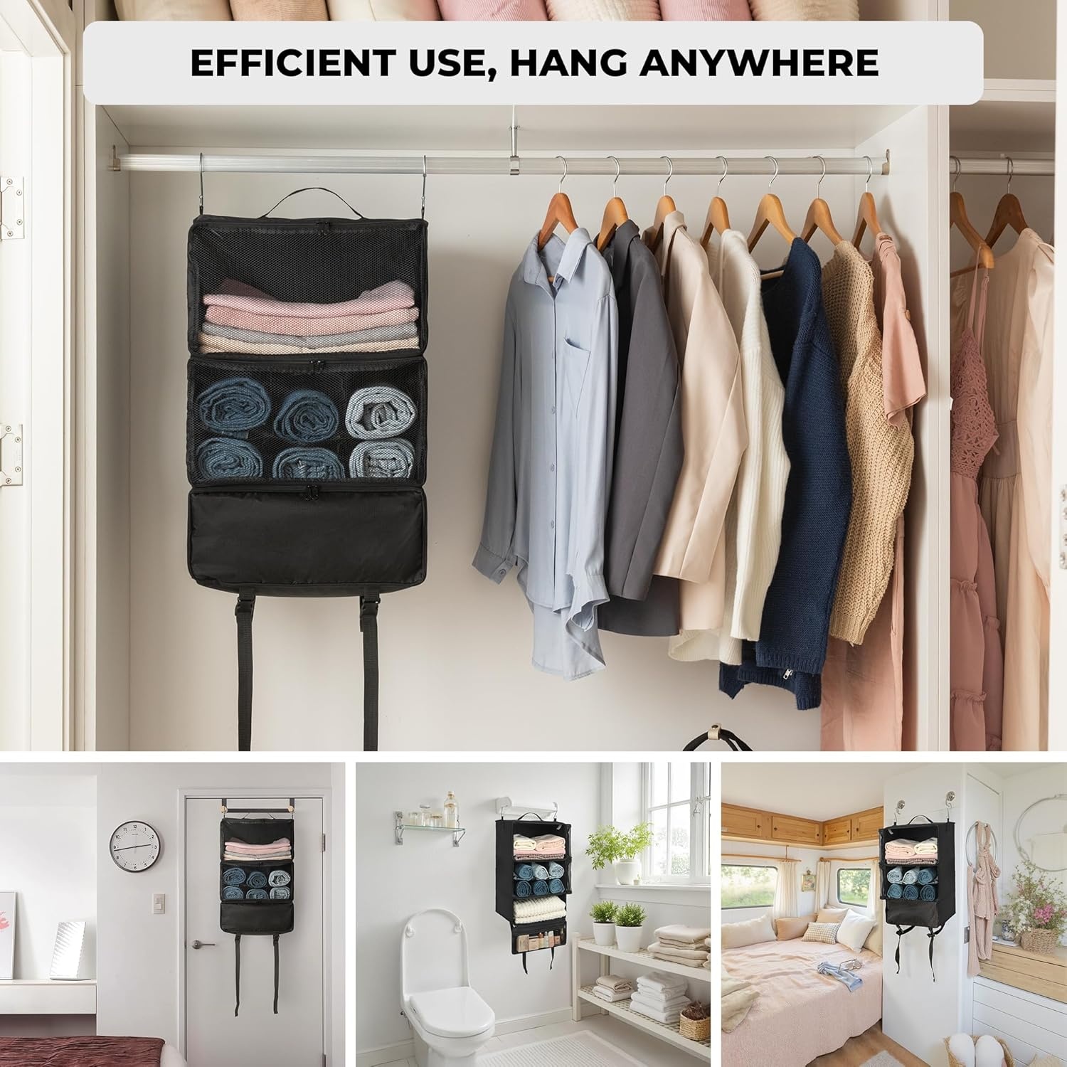 image:imageGRANNY SAYS Hanging Packing Cubes for Travel Large Portable Hanging Suitcase Organizer Foldable Compression Luggage Organizer Bags for Clothes Carry on Closet Suitcase XLBlue Travel ShelvesBlack