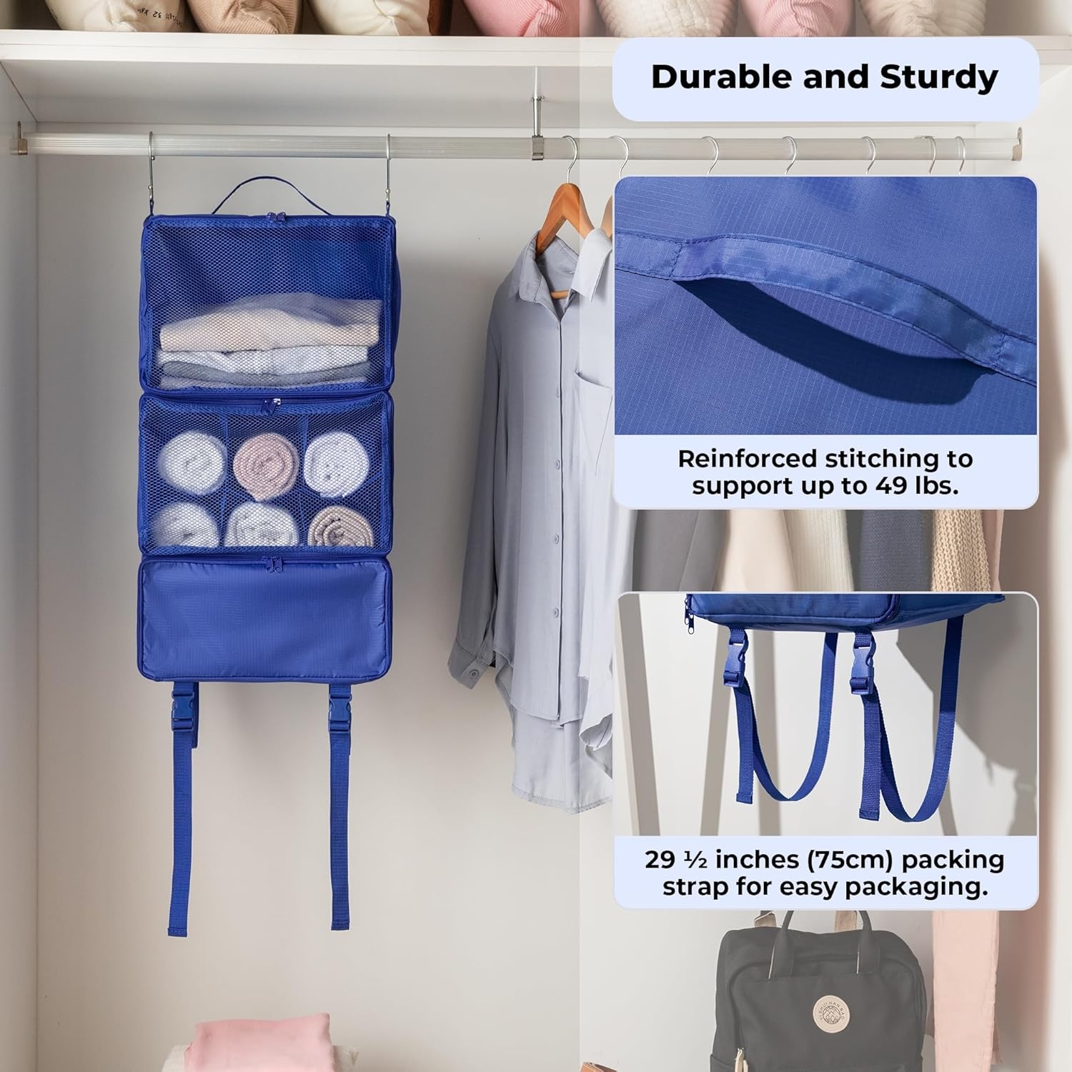 image:imageGRANNY SAYS Hanging Packing Cubes for Travel Large Portable Hanging Suitcase Organizer Foldable Compression Luggage Organizer Bags for Clothes Carry on Closet Suitcase XLBlue Travel ShelvesBlue