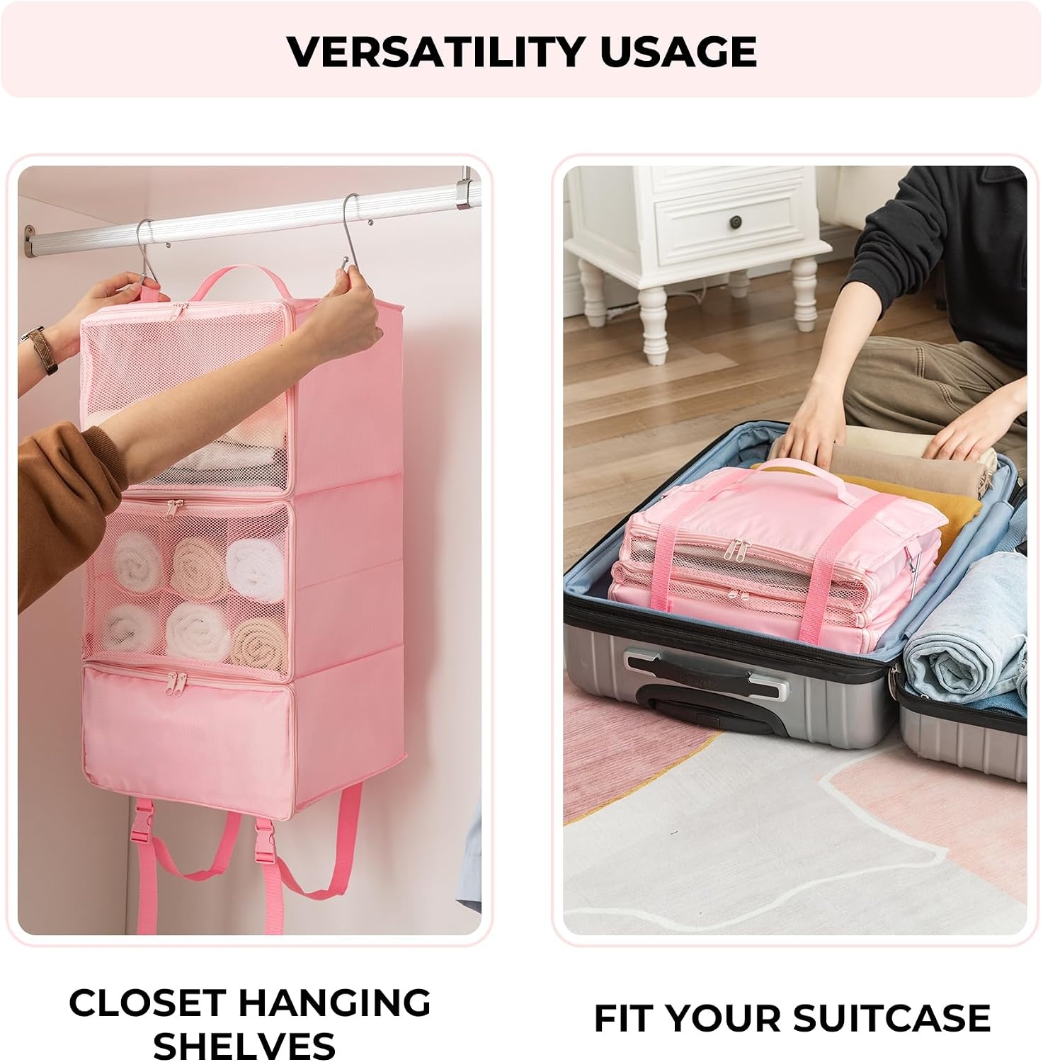 image:imageGRANNY SAYS Hanging Packing Cubes for Travel Large Portable Hanging Suitcase Organizer Foldable Compression Luggage Organizer Bags for Clothes Carry on Closet Suitcase XLBlue Travel ShelvesPink
