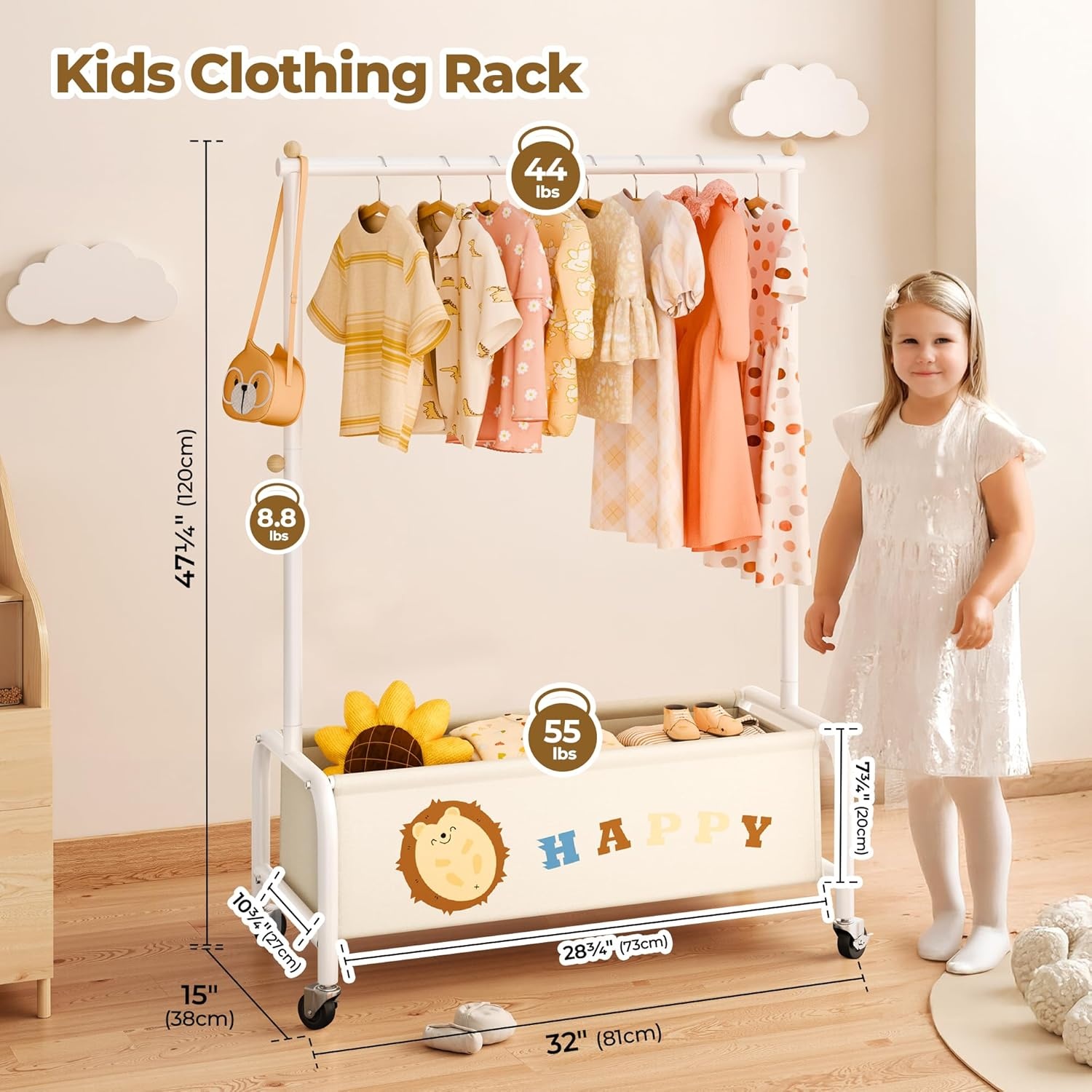 image:imageGRANNY SAYS Kids Clothing Rack with Basket Baby Closet Dress Up Storage Kids Closet Wardrobe Short Baby Clothes Rack Toddler Garment Rack for Coats Dress Up Costumes Princess Dresses Beige