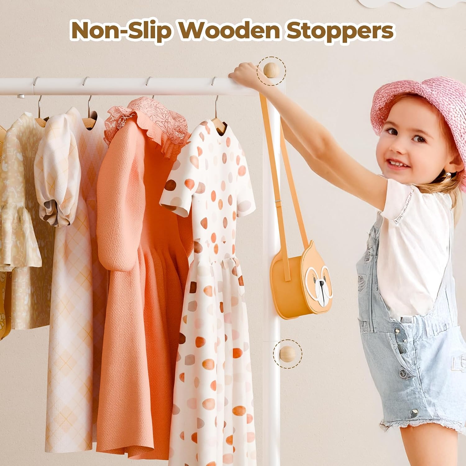 image:imageGRANNY SAYS Kids Clothing Rack with Basket Baby Closet Dress Up Storage Kids Closet Wardrobe Short Baby Clothes Rack Toddler Garment Rack for Coats Dress Up Costumes Princess Dresses Beige