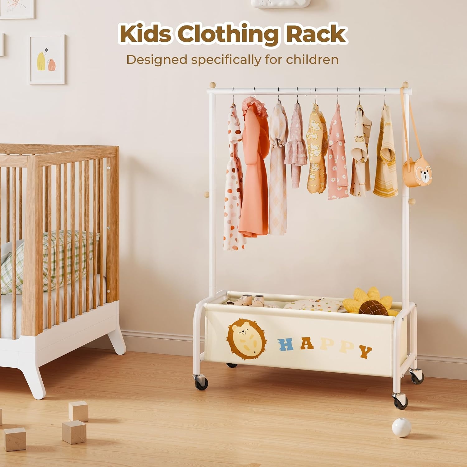 image:imageGRANNY SAYS Kids Clothing Rack with Basket Baby Closet Dress Up Storage Kids Closet Wardrobe Short Baby Clothes Rack Toddler Garment Rack for Coats Dress Up Costumes Princess Dresses Beige