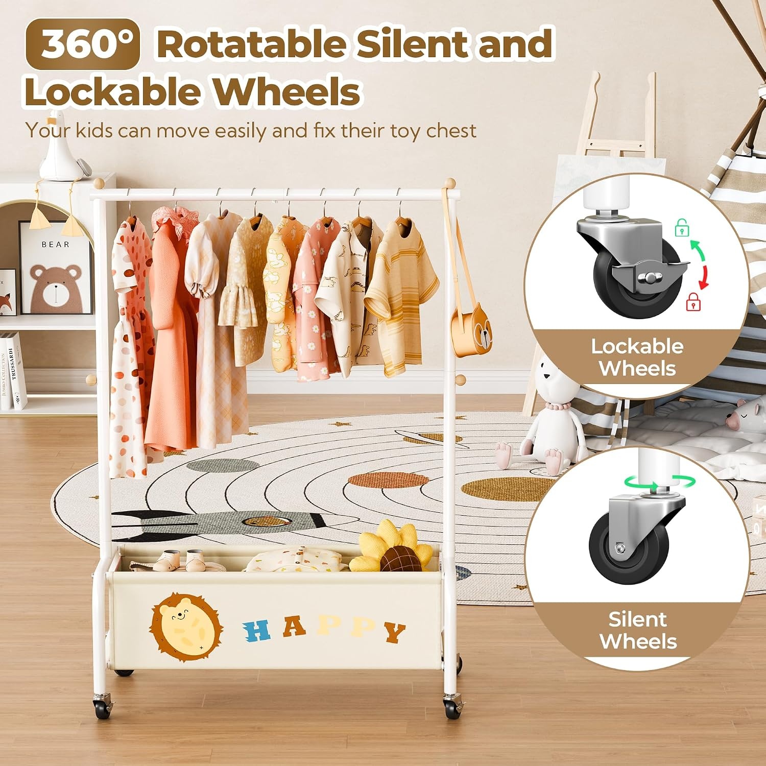 image:imageGRANNY SAYS Kids Clothing Rack with Basket Baby Closet Dress Up Storage Kids Closet Wardrobe Short Baby Clothes Rack Toddler Garment Rack for Coats Dress Up Costumes Princess Dresses Beige