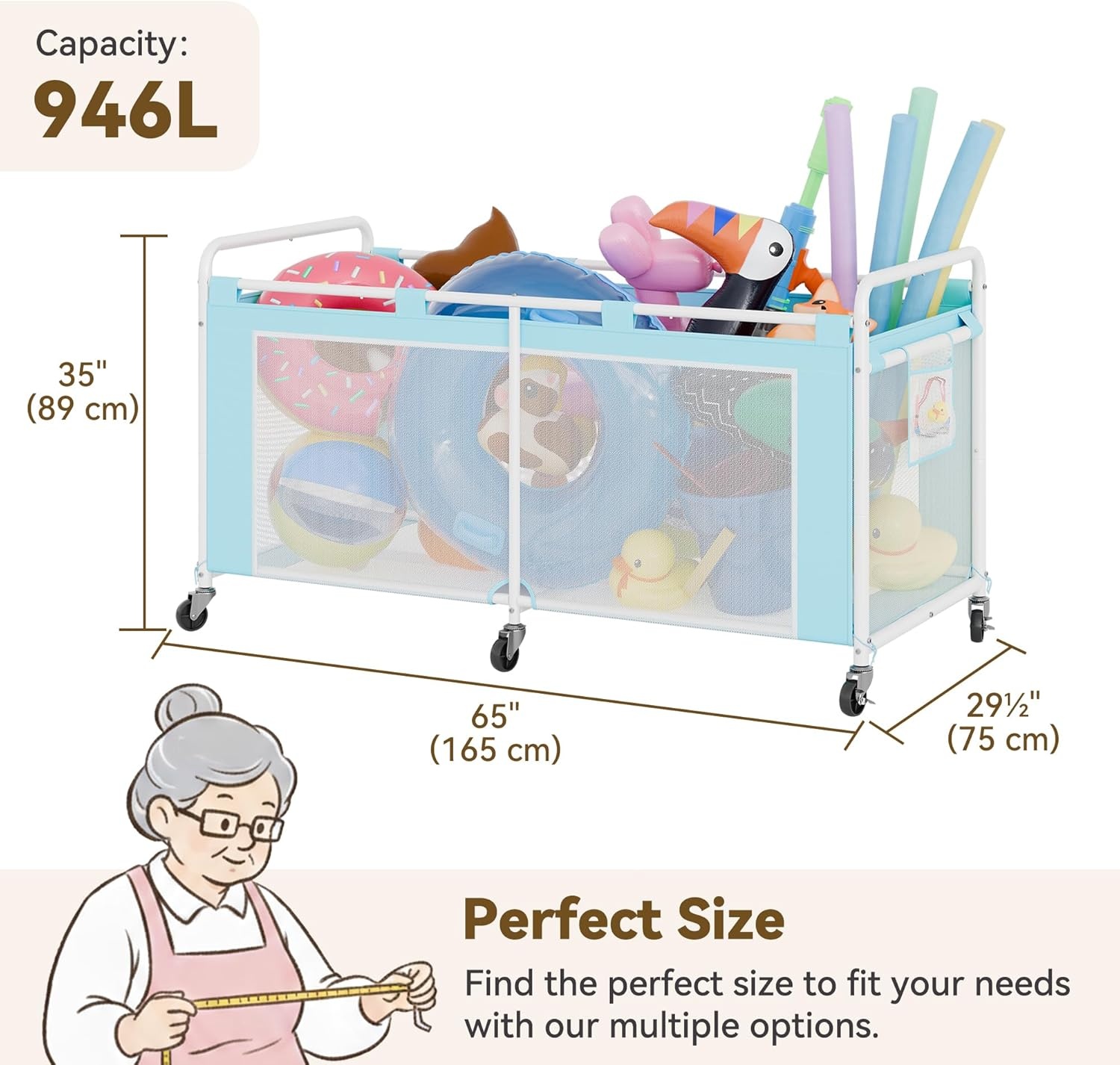 image:imageGRANNY SAYS Pool Float Storage Organizer 290Gallon Large Pool Storage Bin35 Pool Toy Storage Cart with Wheels for FloatsToys and BallsMesh Poolside Storage Holder for Swimming Pool BlueBlue