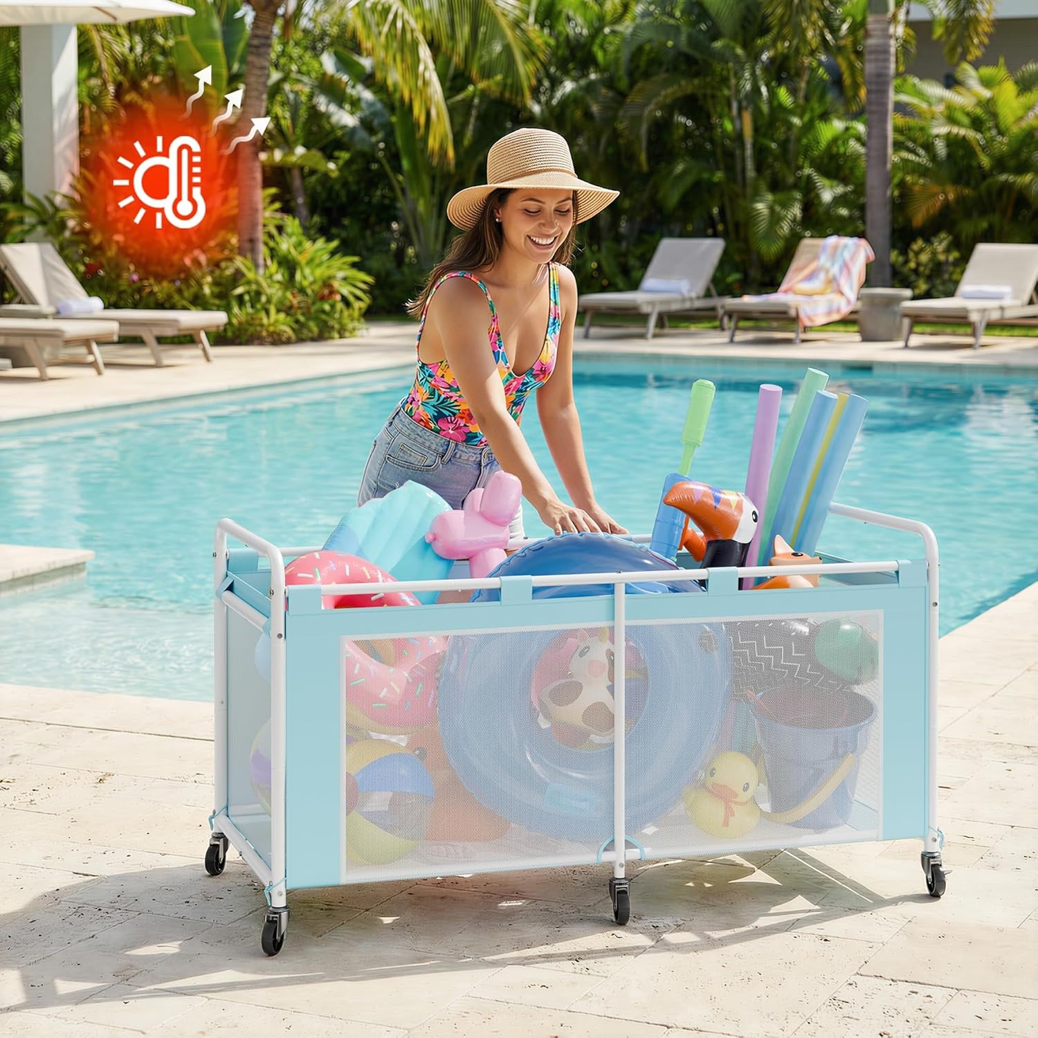image:imageGRANNY SAYS Pool Float Storage Organizer 290Gallon Large Pool Storage Bin35 Pool Toy Storage Cart with Wheels for FloatsToys and BallsMesh Poolside Storage Holder for Swimming Pool BlueBlue