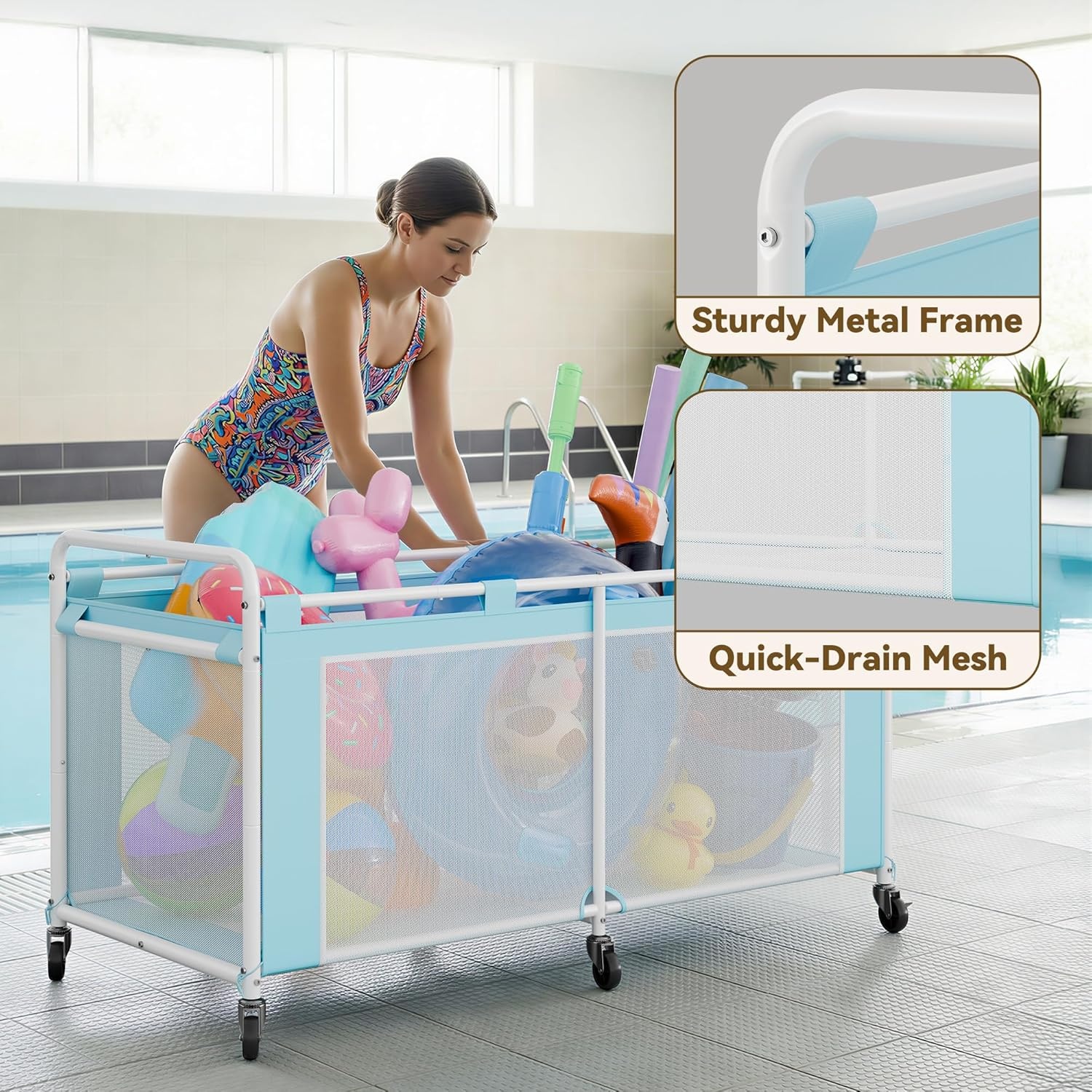 image:imageGRANNY SAYS Pool Float Storage Organizer 290Gallon Large Pool Storage Bin35 Pool Toy Storage Cart with Wheels for FloatsToys and BallsMesh Poolside Storage Holder for Swimming Pool BlueBlue