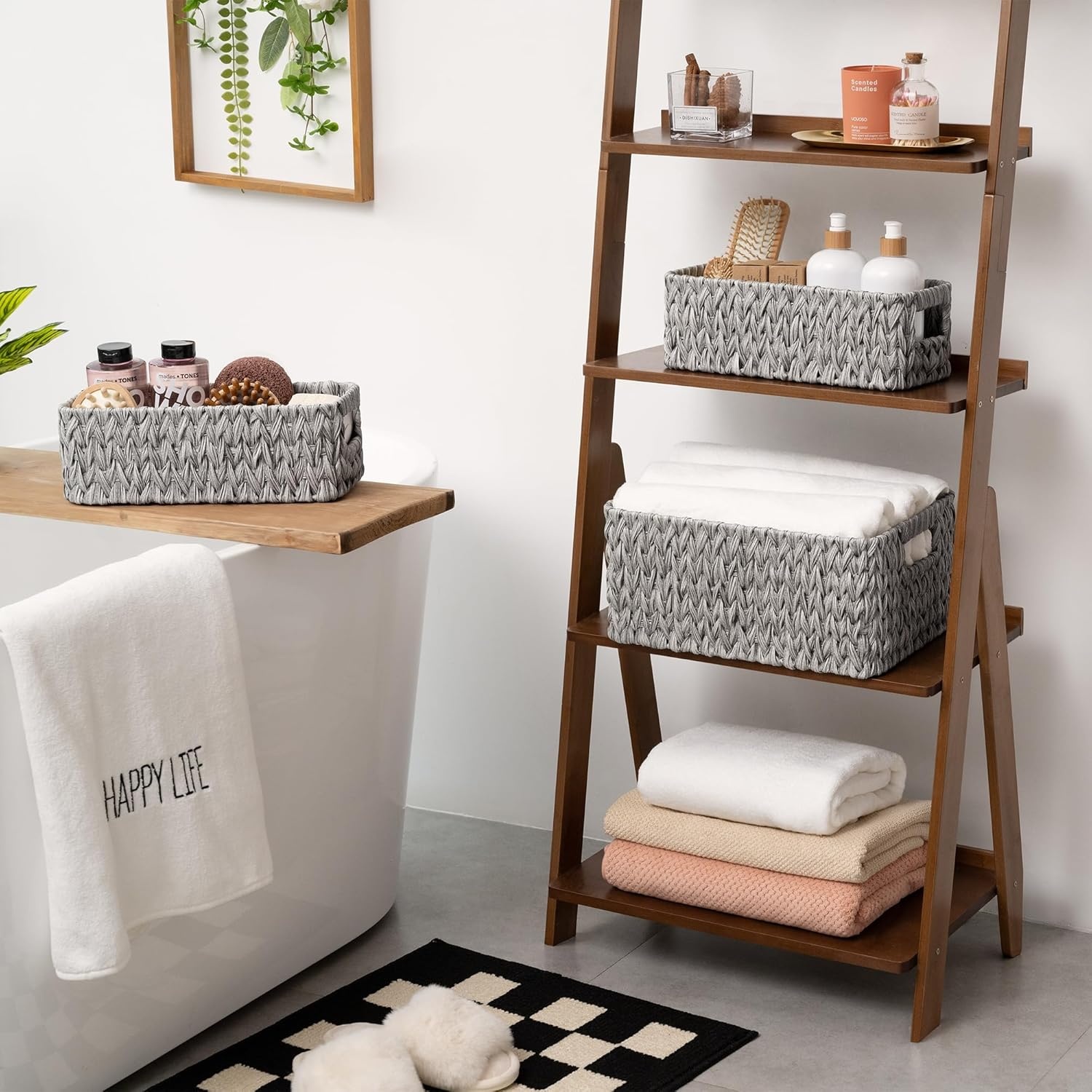 image:imageGRANNY SAYS Storage Baskets for Shelves Waterproof Basket Set for Organizing Toilet Wicker Basket Tank Topper Wicker Baskets with Handles Dark Brown 3PackGray