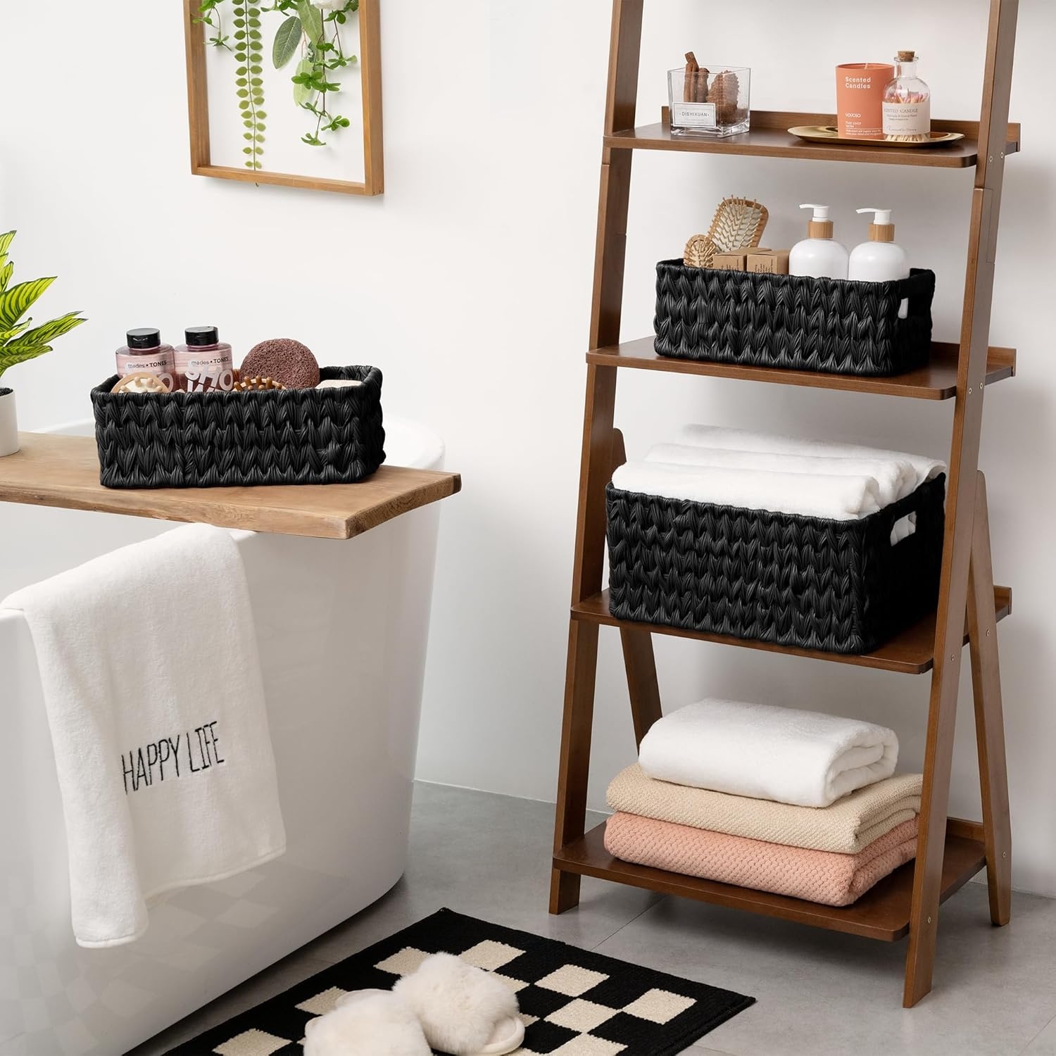 image:imageGRANNY SAYS Storage Baskets for Shelves Waterproof Basket Set for Organizing Toilet Wicker Basket Tank Topper Wicker Baskets with Handles Dark Brown 3PackBlack