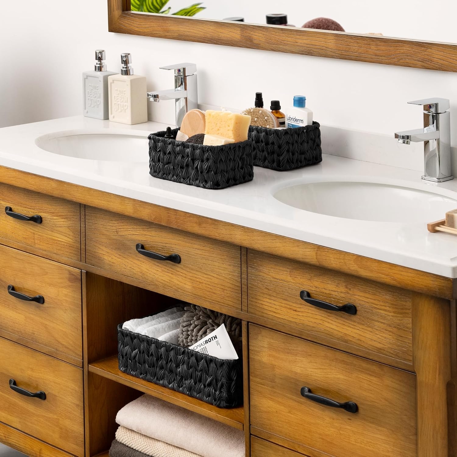 image:imageGRANNY SAYS Storage Baskets for Shelves Waterproof Basket Set for Organizing Toilet Wicker Basket Tank Topper Wicker Baskets with Handles Dark Brown 3PackBlack