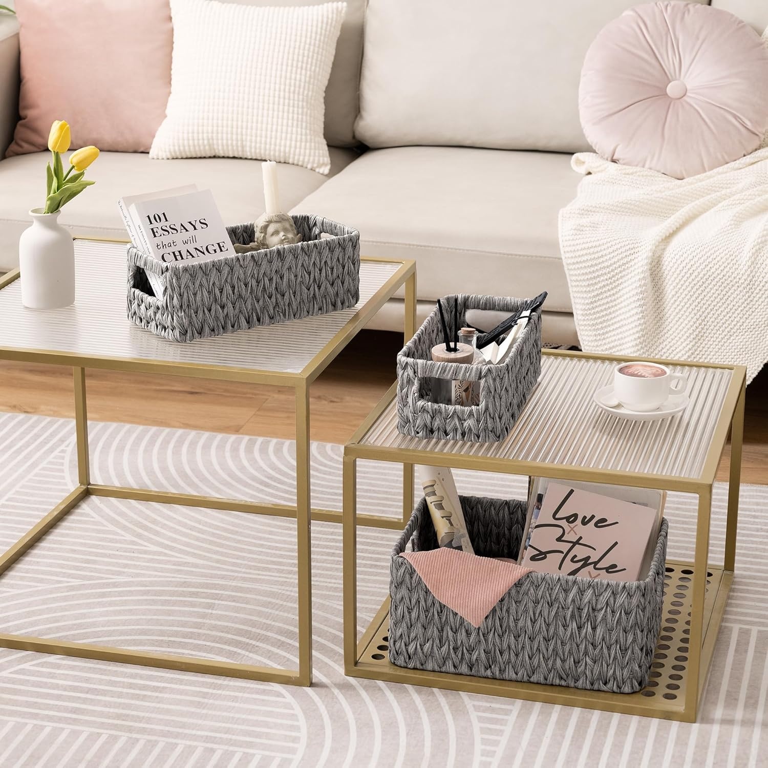 image:imageGRANNY SAYS Storage Baskets for Shelves Waterproof Basket Set for Organizing Toilet Wicker Basket Tank Topper Wicker Baskets with Handles Dark Brown 3PackGray