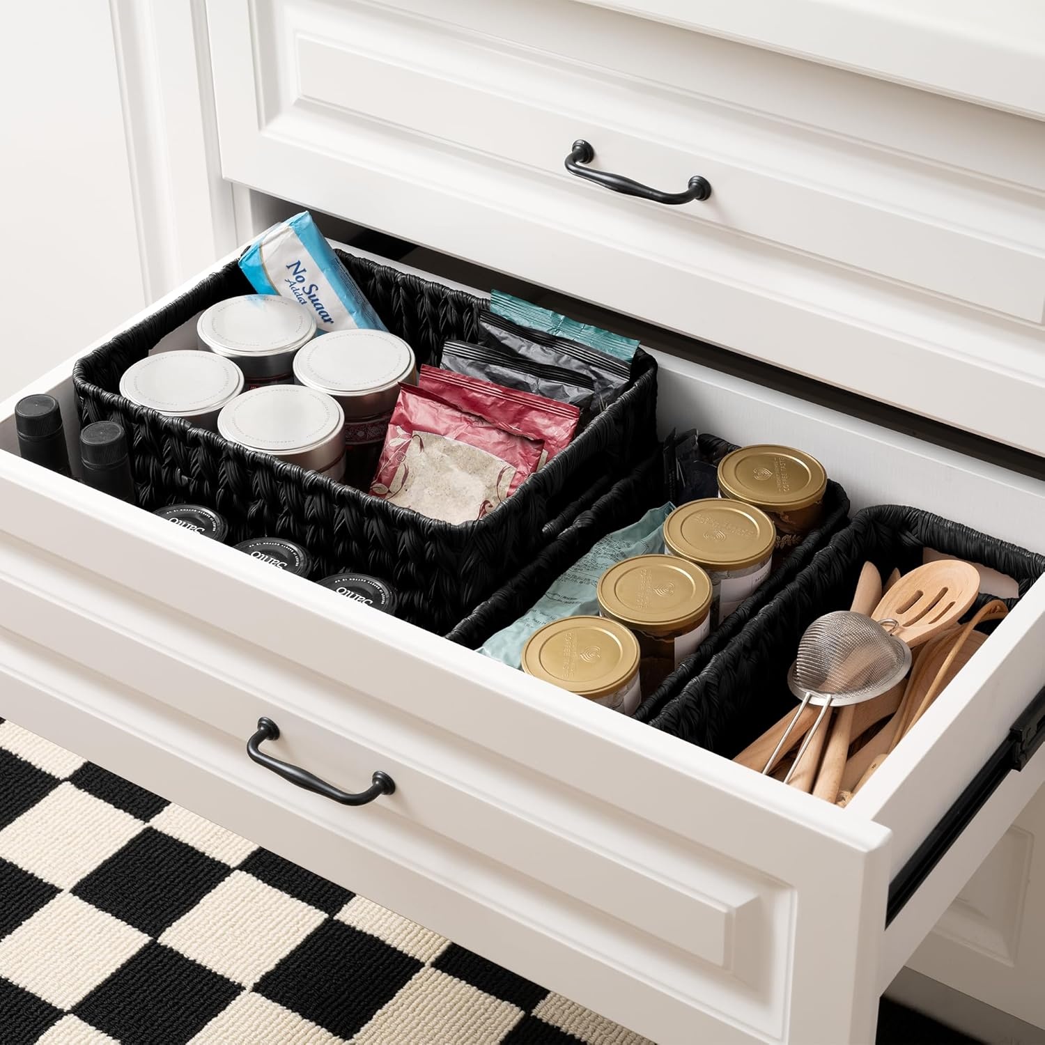 image:imageGRANNY SAYS Storage Baskets for Shelves Waterproof Basket Set for Organizing Toilet Wicker Basket Tank Topper Wicker Baskets with Handles Dark Brown 3PackBlack