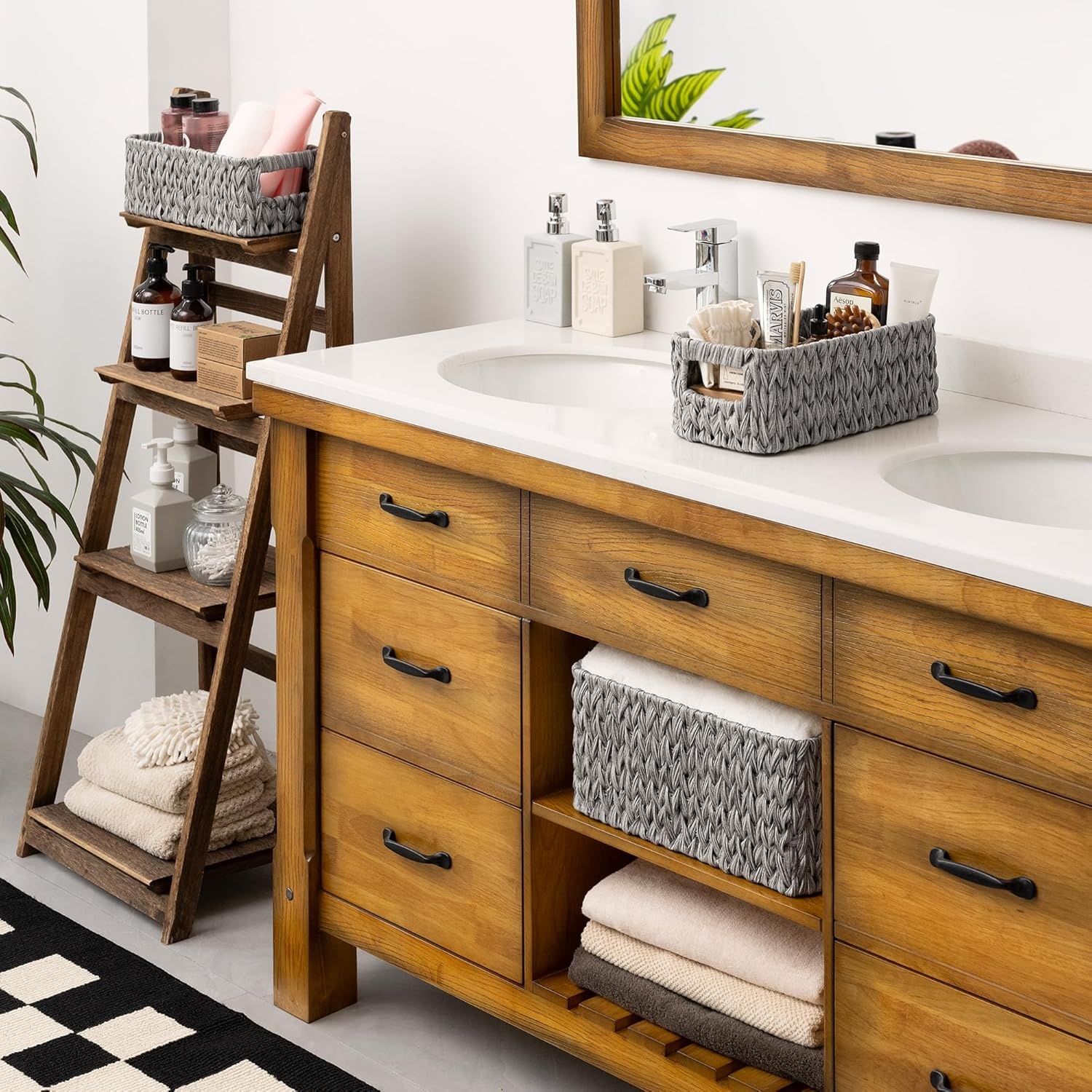 image:imageGRANNY SAYS Storage Baskets for Shelves Waterproof Basket Set for Organizing Toilet Wicker Basket Tank Topper Wicker Baskets with Handles Dark Brown 3PackGray