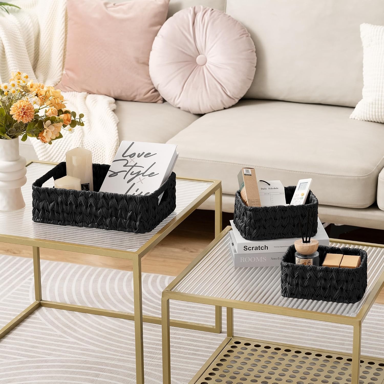 image:imageGRANNY SAYS Storage Baskets for Shelves Waterproof Basket Set for Organizing Toilet Wicker Basket Tank Topper Wicker Baskets with Handles Dark Brown 3PackBlack