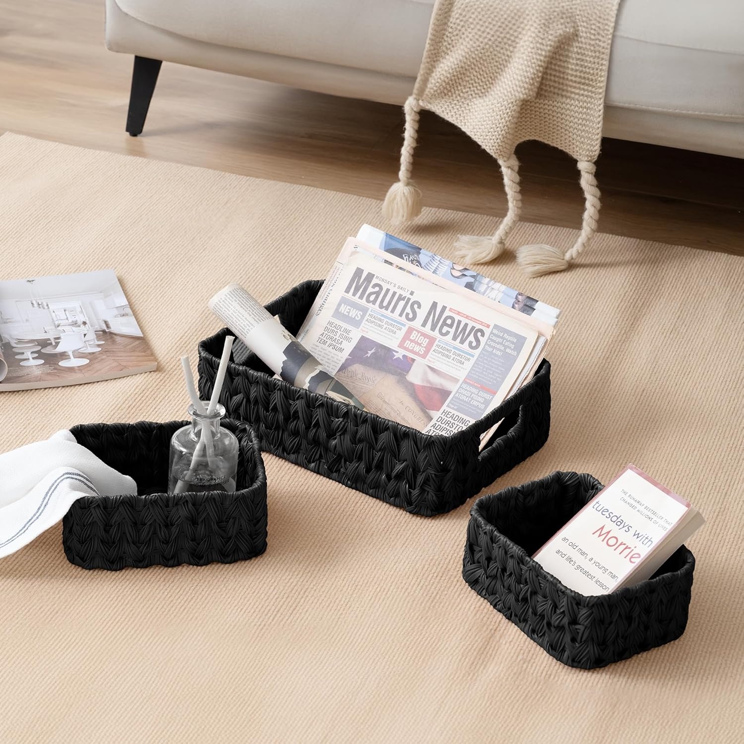 image:imageGRANNY SAYS Storage Baskets for Shelves Waterproof Basket Set for Organizing Toilet Wicker Basket Tank Topper Wicker Baskets with Handles Dark Brown 3PackBlack