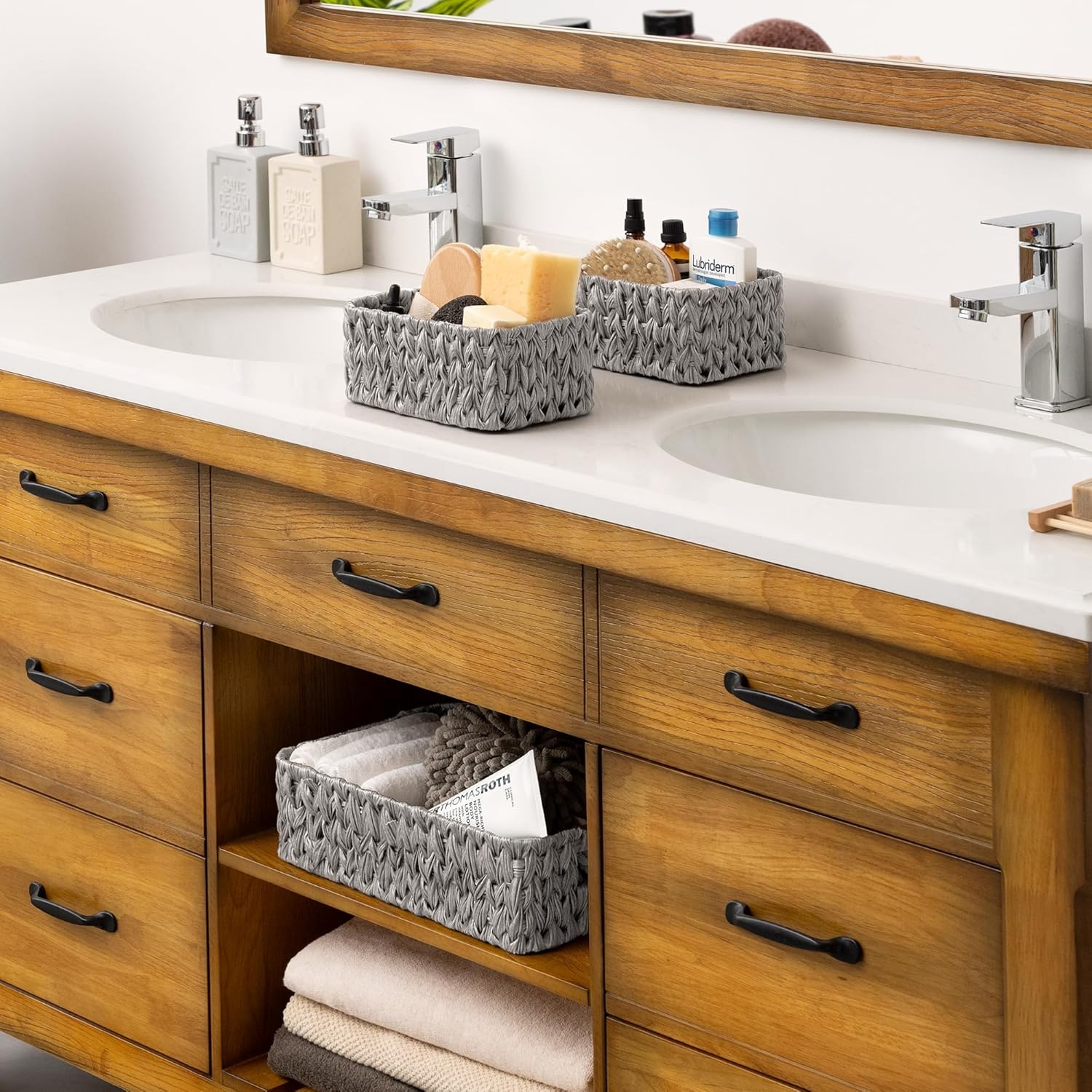 image:imageGRANNY SAYS Storage Baskets for Shelves Waterproof Basket Set for Organizing Toilet Wicker Basket Tank Topper Wicker Baskets with Handles Dark Brown 3PackGray
