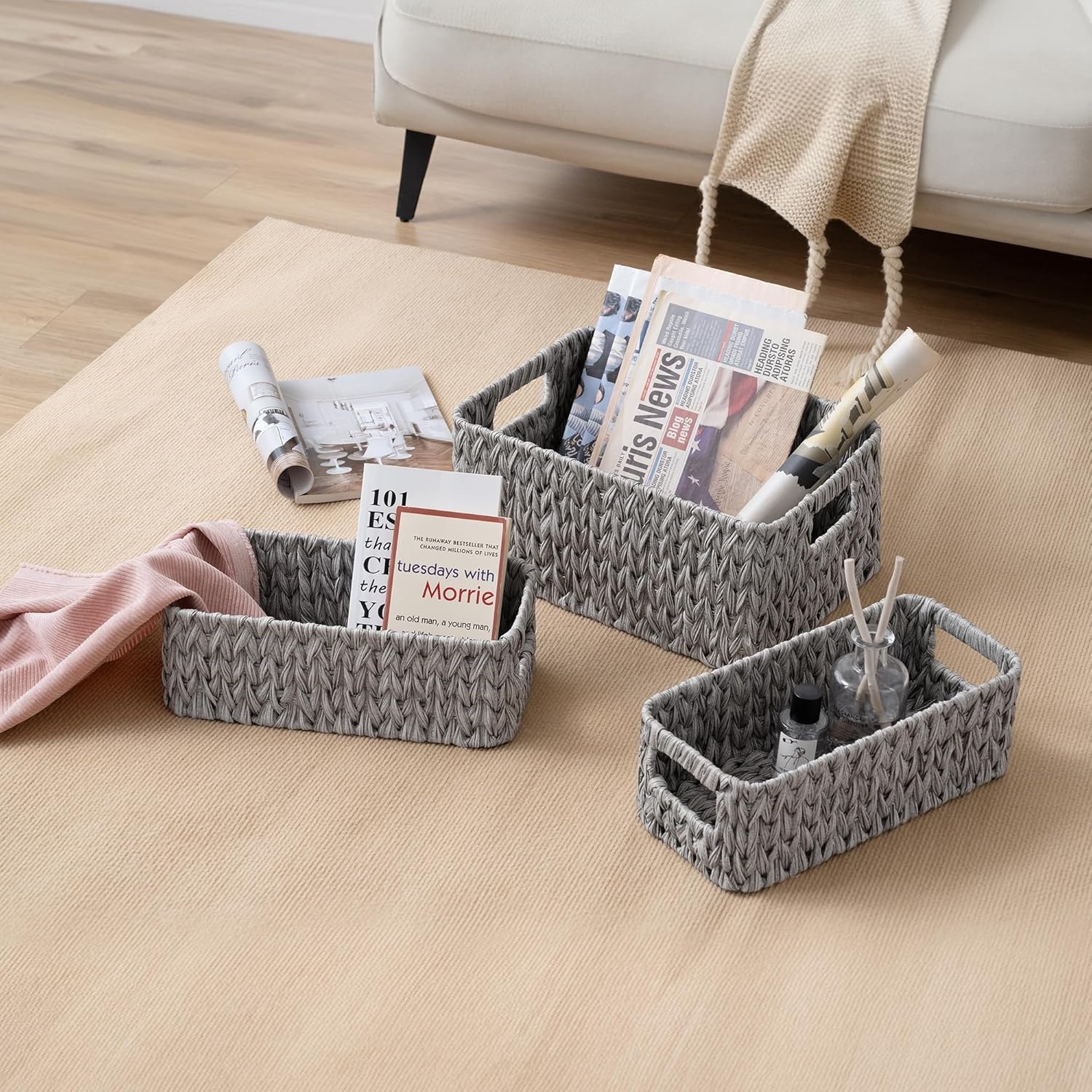 image:imageGRANNY SAYS Storage Baskets for Shelves Waterproof Basket Set for Organizing Toilet Wicker Basket Tank Topper Wicker Baskets with Handles Dark Brown 3PackGray