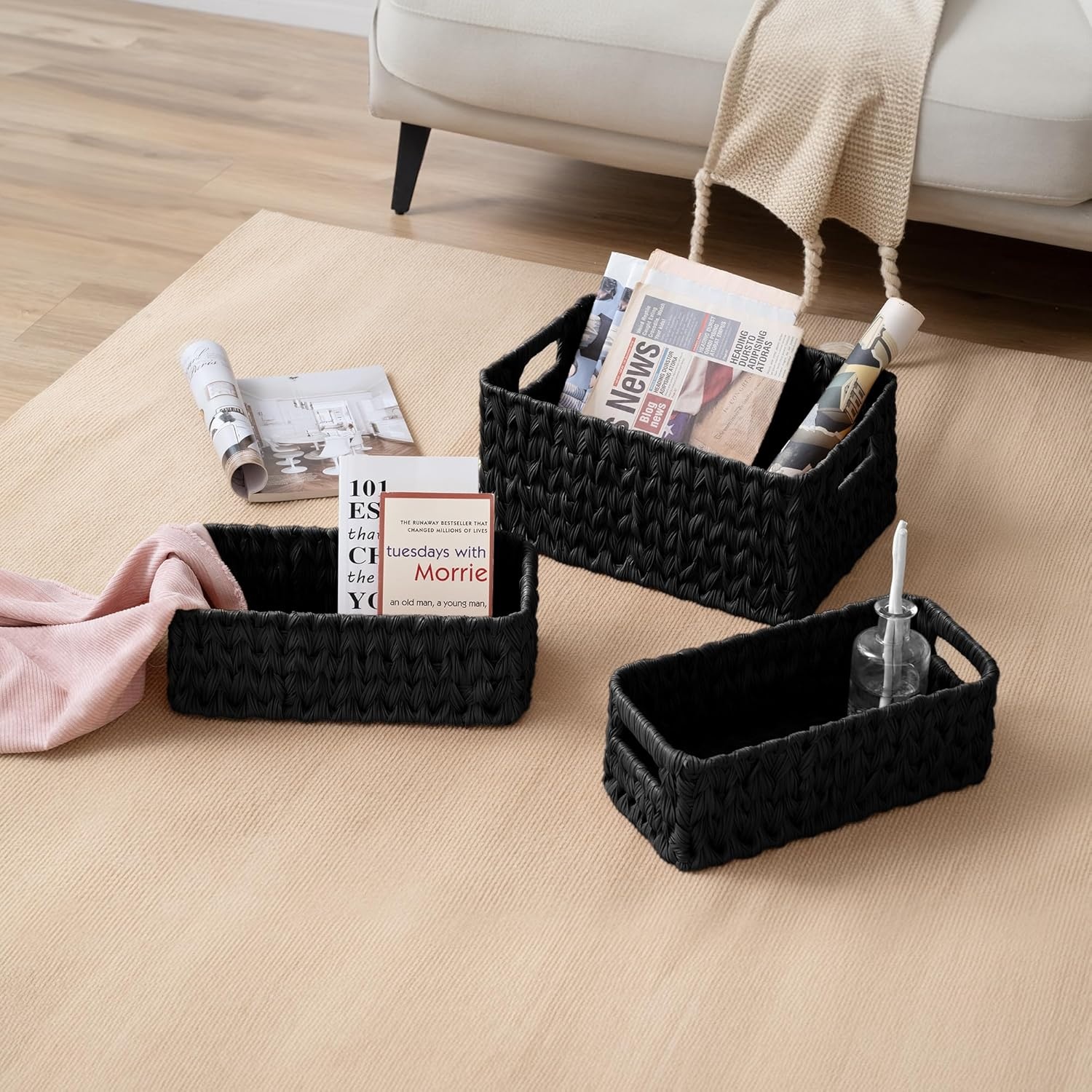 image:imageGRANNY SAYS Storage Baskets for Shelves Waterproof Basket Set for Organizing Toilet Wicker Basket Tank Topper Wicker Baskets with Handles Dark Brown 3PackBlack