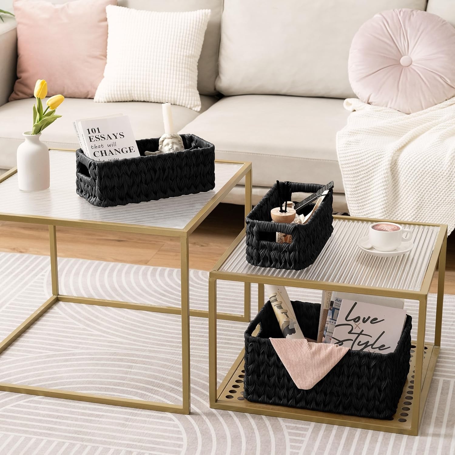 image:imageGRANNY SAYS Storage Baskets for Shelves Waterproof Basket Set for Organizing Toilet Wicker Basket Tank Topper Wicker Baskets with Handles Dark Brown 3PackBlack