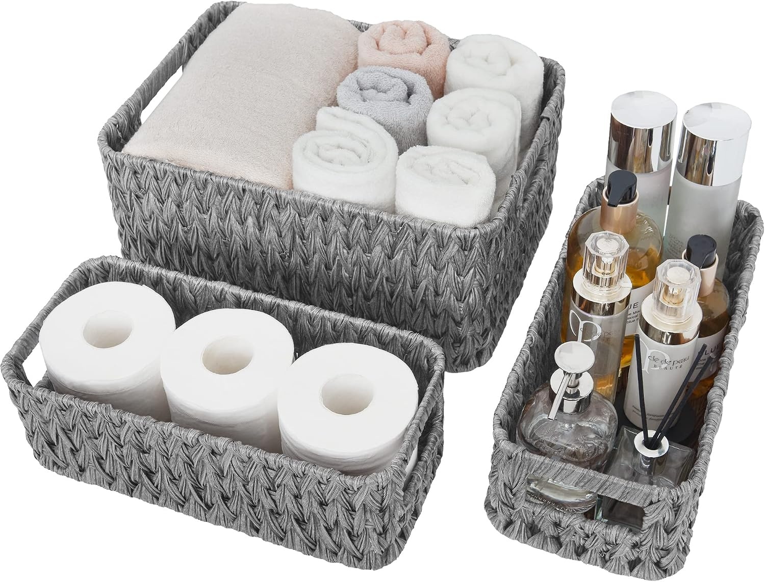 image:imageGRANNY SAYS Storage Baskets for Shelves Waterproof Basket Set for Organizing Toilet Wicker Basket Tank Topper Wicker Baskets with Handles Dark Brown 3PackGray