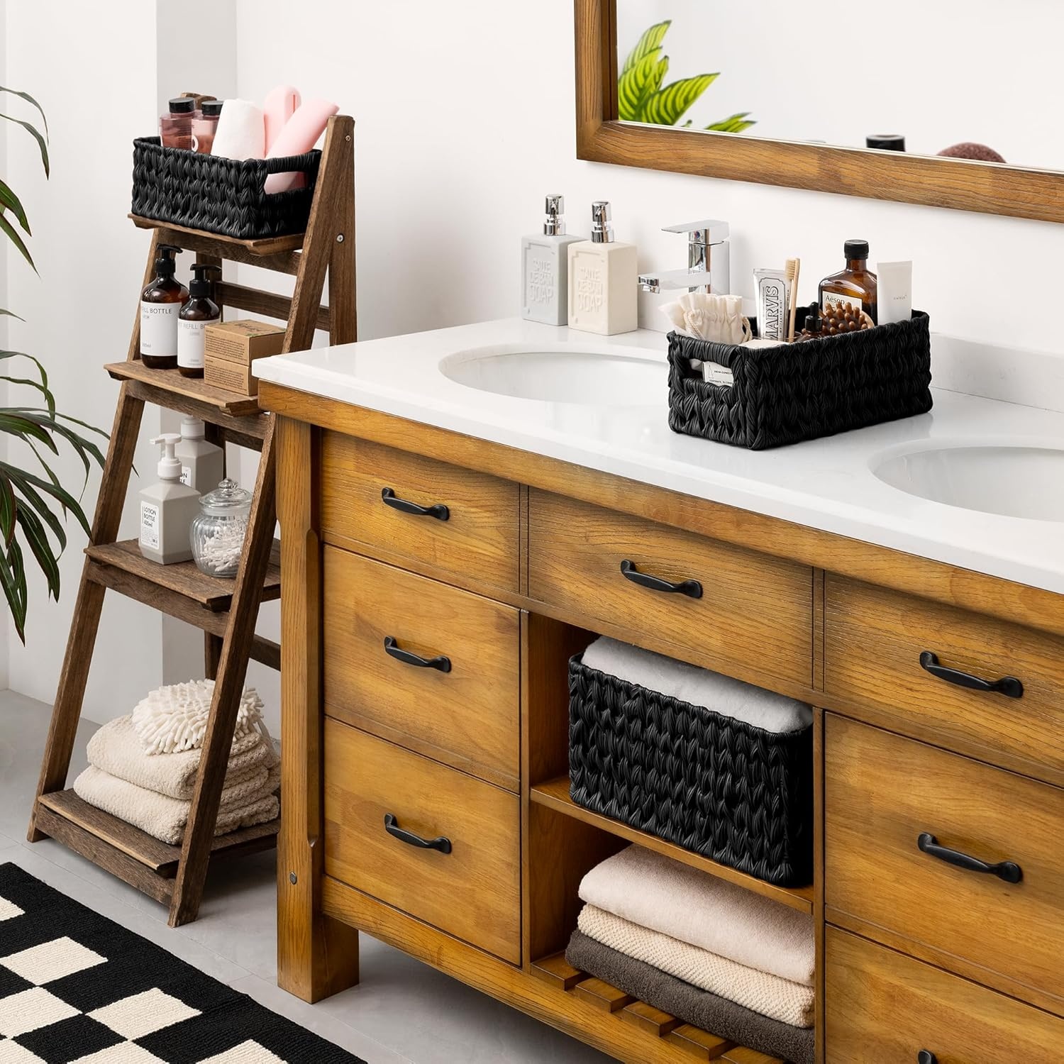 image:imageGRANNY SAYS Storage Baskets for Shelves Waterproof Basket Set for Organizing Toilet Wicker Basket Tank Topper Wicker Baskets with Handles Dark Brown 3PackBlack