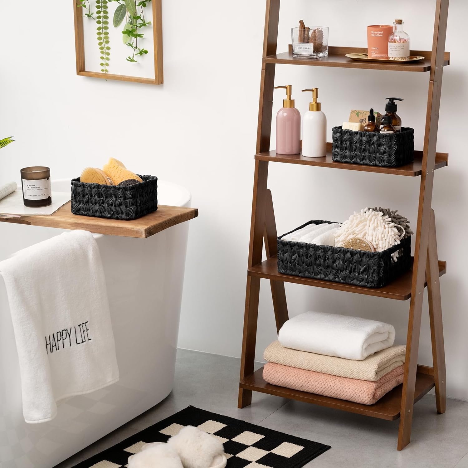 image:imageGRANNY SAYS Storage Baskets for Shelves Waterproof Basket Set for Organizing Toilet Wicker Basket Tank Topper Wicker Baskets with Handles Dark Brown 3PackBlack