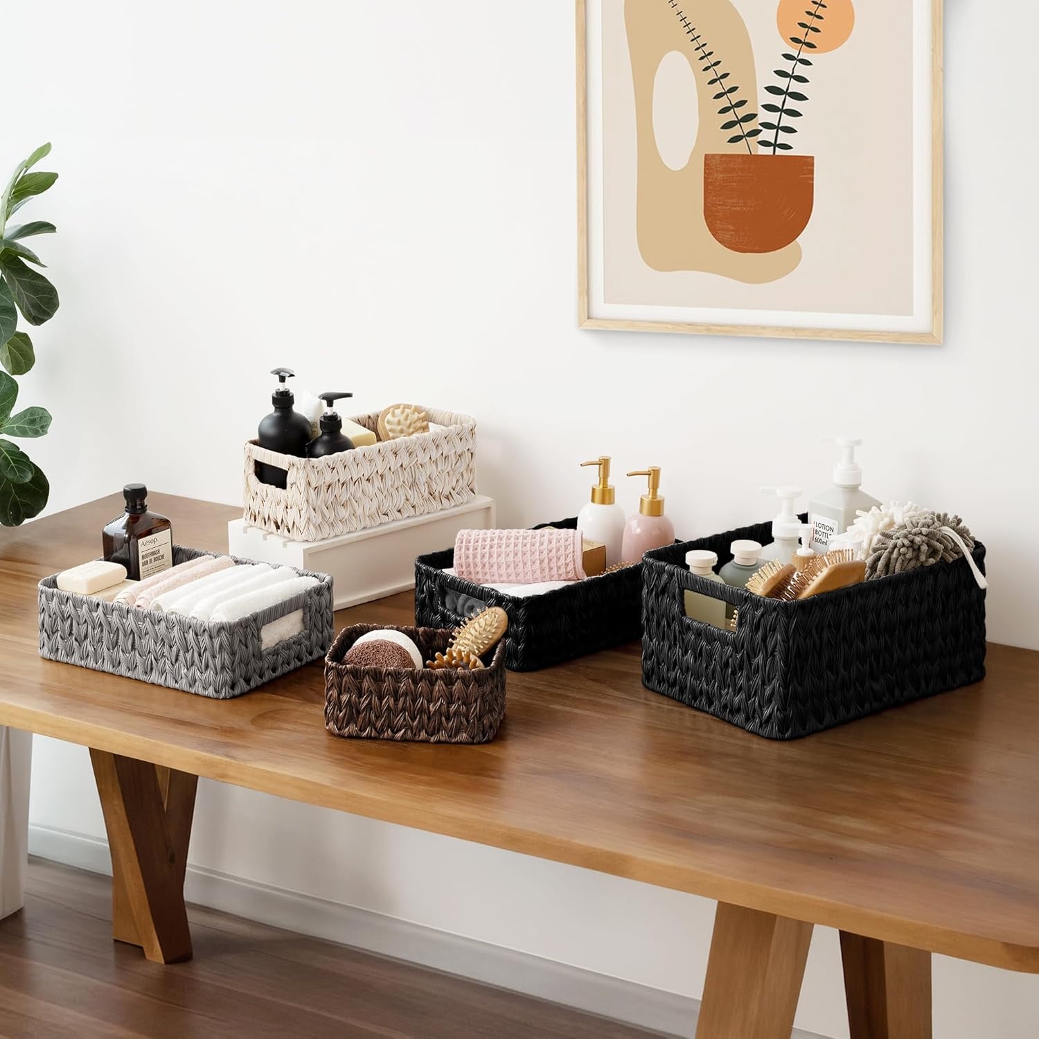 image:imageGRANNY SAYS Storage Baskets for Shelves Waterproof Basket Set for Organizing Toilet Wicker Basket Tank Topper Wicker Baskets with Handles Dark Brown 3PackBlack
