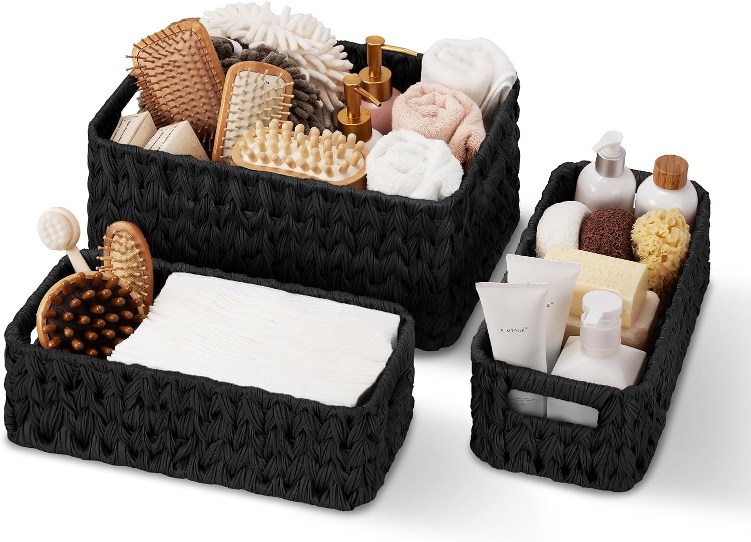 image:imageGRANNY SAYS Storage Baskets for Shelves Waterproof Basket Set for Organizing Toilet Wicker Basket Tank Topper Wicker Baskets with Handles Dark Brown 3PackBlack