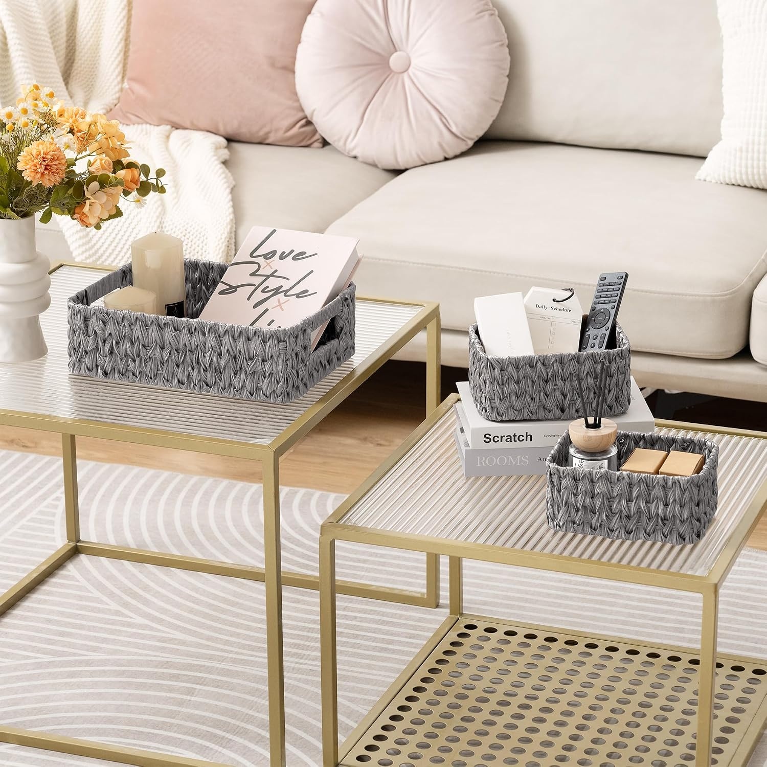 image:imageGRANNY SAYS Storage Baskets for Shelves Waterproof Basket Set for Organizing Toilet Wicker Basket Tank Topper Wicker Baskets with Handles Dark Brown 3PackGray