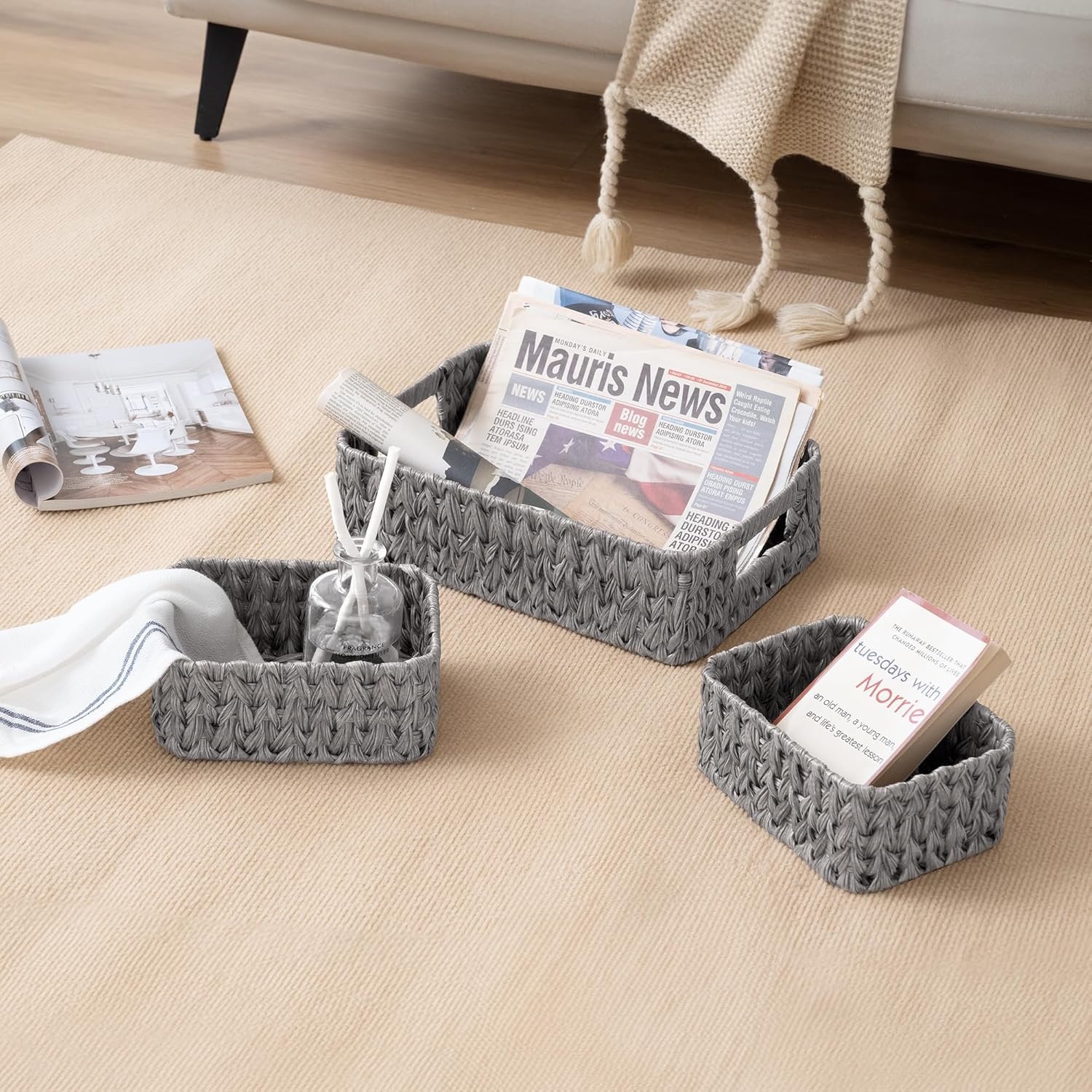 image:imageGRANNY SAYS Storage Baskets for Shelves Waterproof Basket Set for Organizing Toilet Wicker Basket Tank Topper Wicker Baskets with Handles Dark Brown 3PackGray