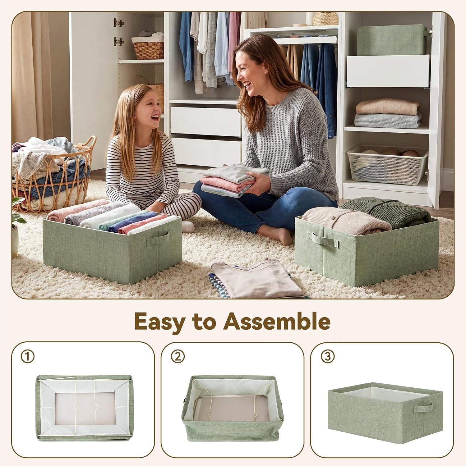 image:imageGRANNY SAYS Storage Bins for Closet Linen Closet Organizers and Storage Baskets with Metal Frame Shelf Storage Bins for Organizing Living Room Bedroom Wardrobe Foldable Sturdy Beige 2PackSage Green