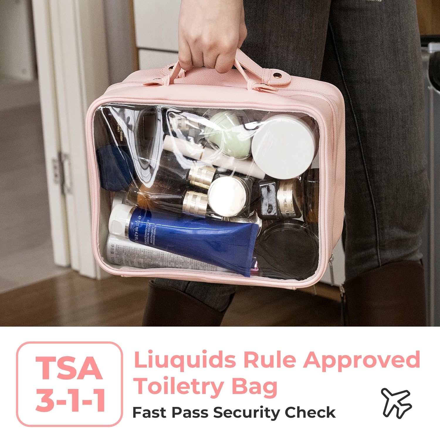 image:imageGRANNY SAYS TSA Approved Toiletry Bag Clear Makeup Bag Travel Toiletry Bag for Women Leather Travel Cosmetic Bag Portable PVC Waterproof Bag Large Makeup Organizer PinkPink