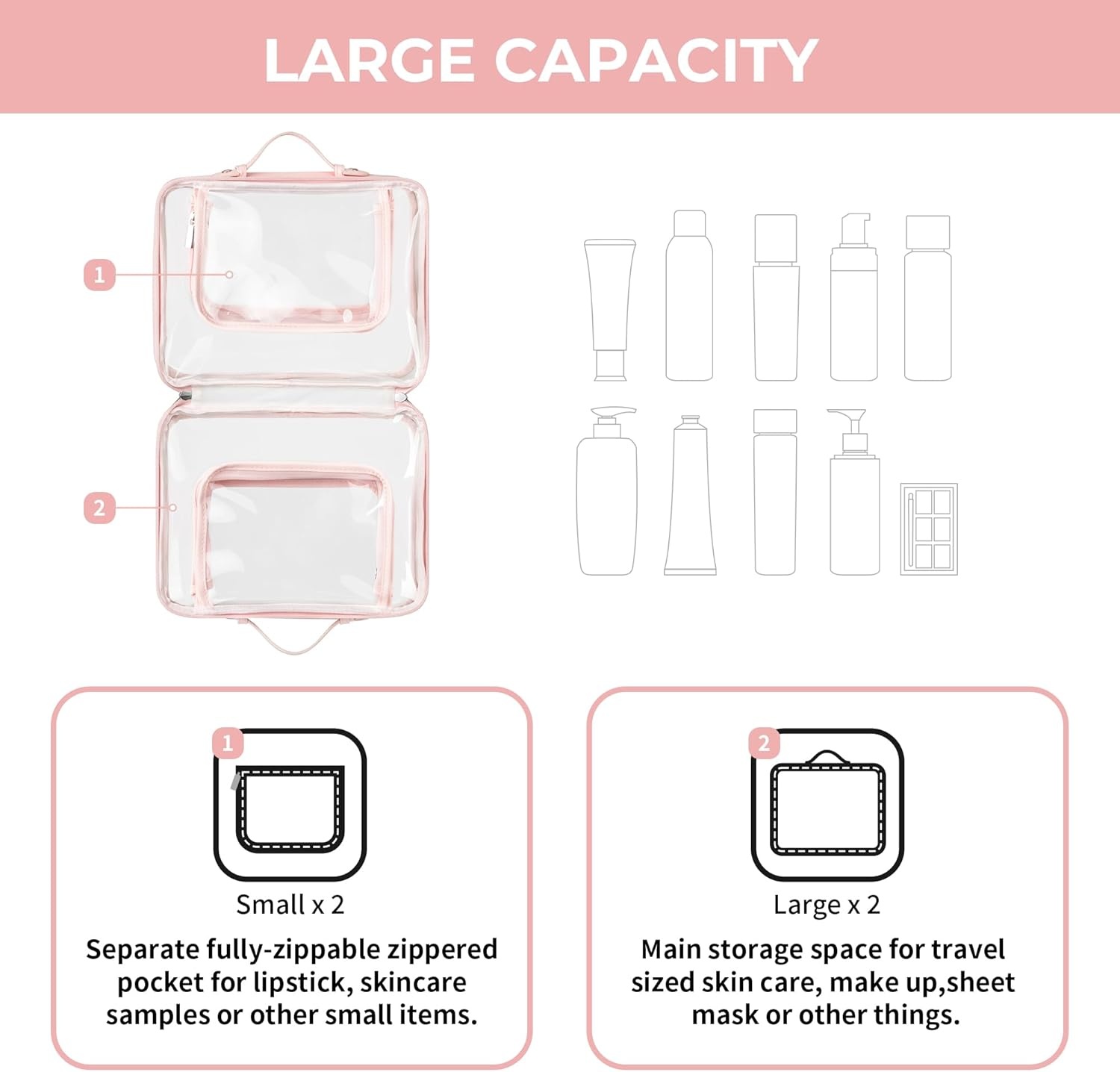 image:imageGRANNY SAYS TSA Approved Toiletry Bag Clear Makeup Bag Travel Toiletry Bag for Women Leather Travel Cosmetic Bag Portable PVC Waterproof Bag Large Makeup Organizer PinkPink