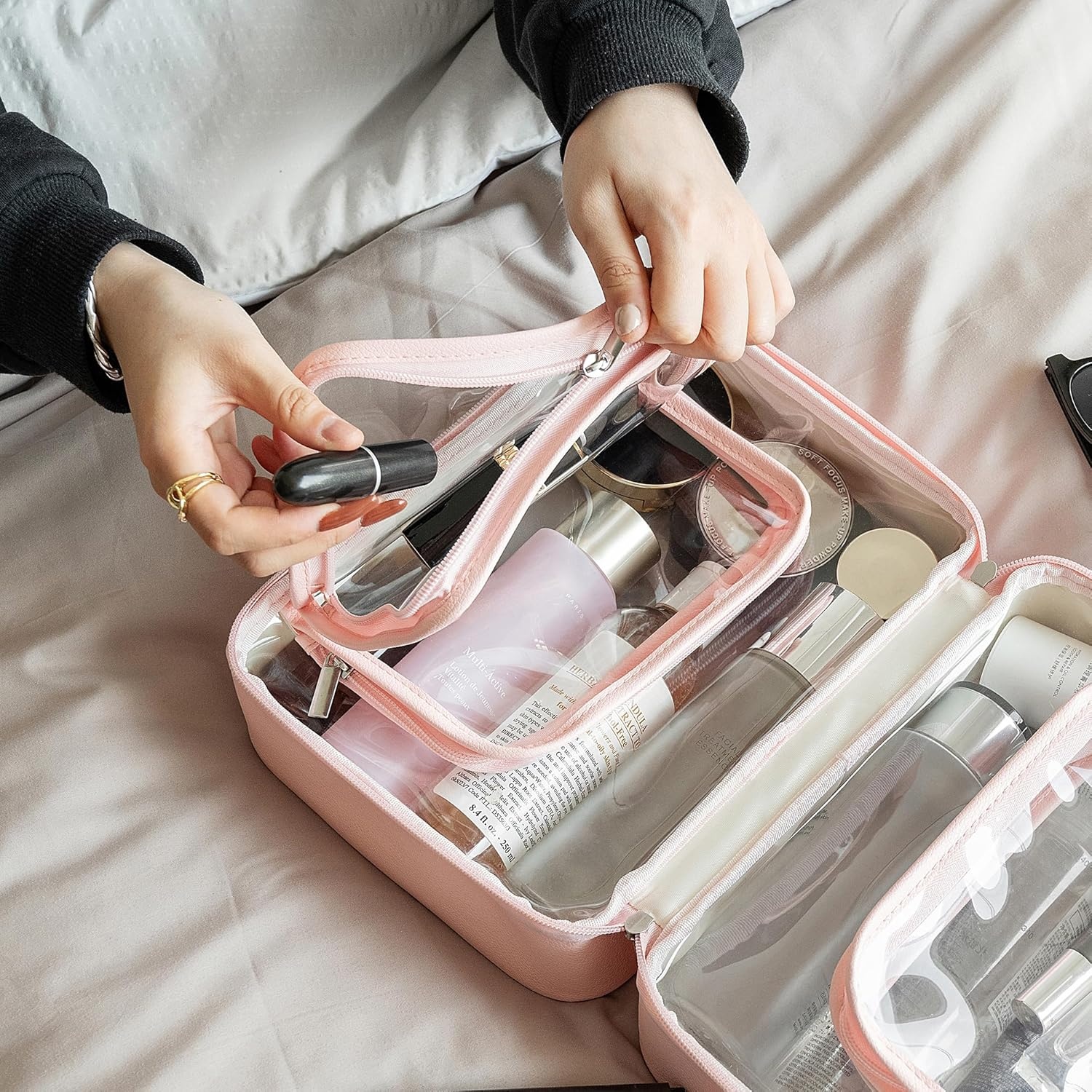 image:imageGRANNY SAYS TSA Approved Toiletry Bag Clear Makeup Bag Travel Toiletry Bag for Women Leather Travel Cosmetic Bag Portable PVC Waterproof Bag Large Makeup Organizer PinkPink