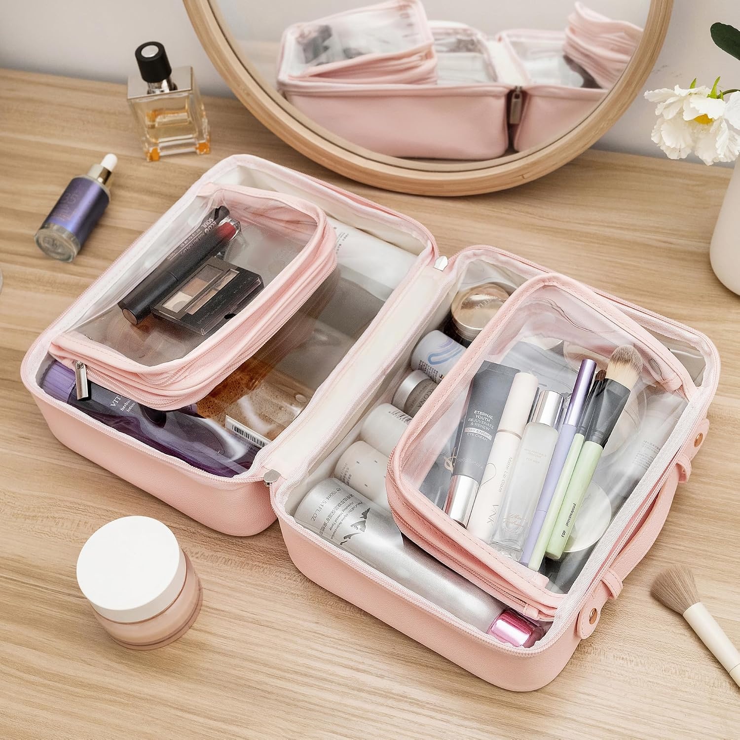 image:imageGRANNY SAYS TSA Approved Toiletry Bag Clear Makeup Bag Travel Toiletry Bag for Women Leather Travel Cosmetic Bag Portable PVC Waterproof Bag Large Makeup Organizer PinkPink