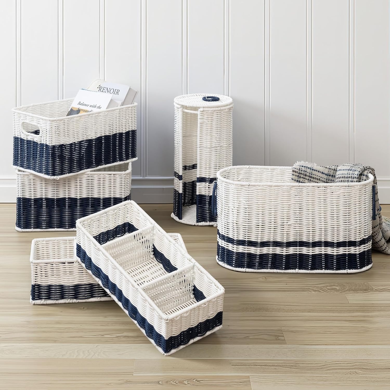 image:imageGRANNY SAYS Toilet Basket Tank Topper Decorative Wicker Basket for Costal Decor Waterproof Baskets for Shelves Back of Toilet Storage Basket Navy Blue