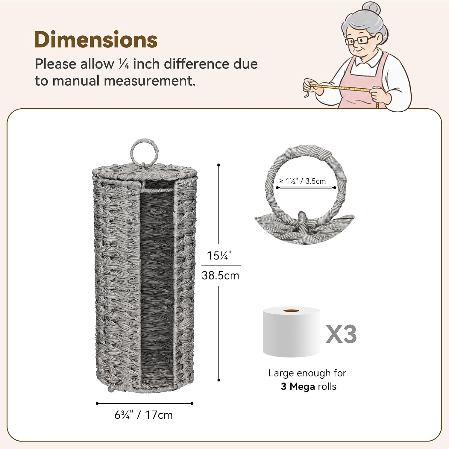 image:imageGRANNY SAYS Toilet Paper Storage Basket with Lid Toilet Paper Holder Stand Waterproof Organizer for Bathroom Bathroom Baskets for 3 Mega Rolls BrownGray