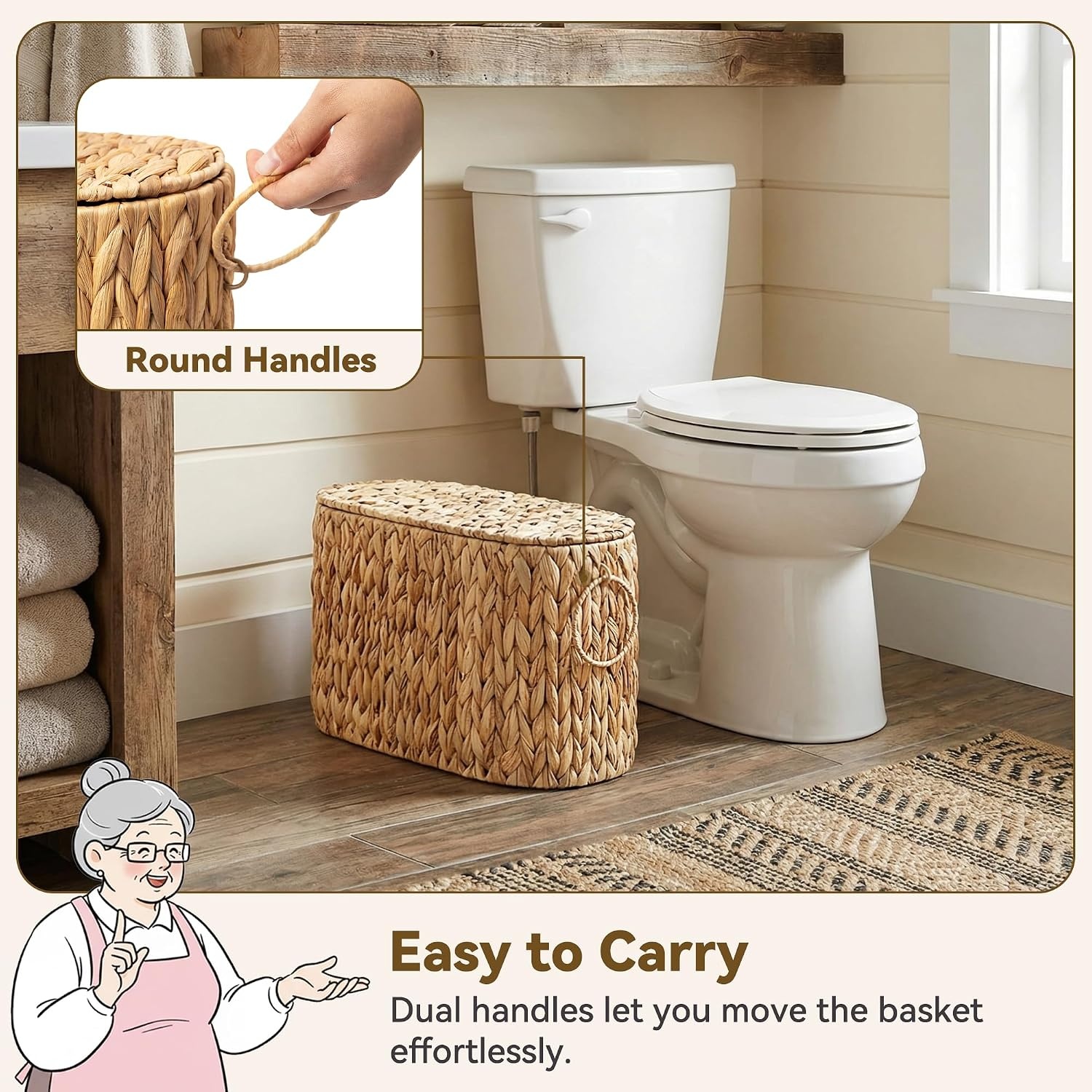 image:imageGRANNY SAYS Toilet Paper Storage Basket with Lid and Handle Durable Toilet Paper Holder Waterproof Bathroom Organizers and Storage Wicker Basket for Bathroom Storage GreyNatural Water Hyacinth
