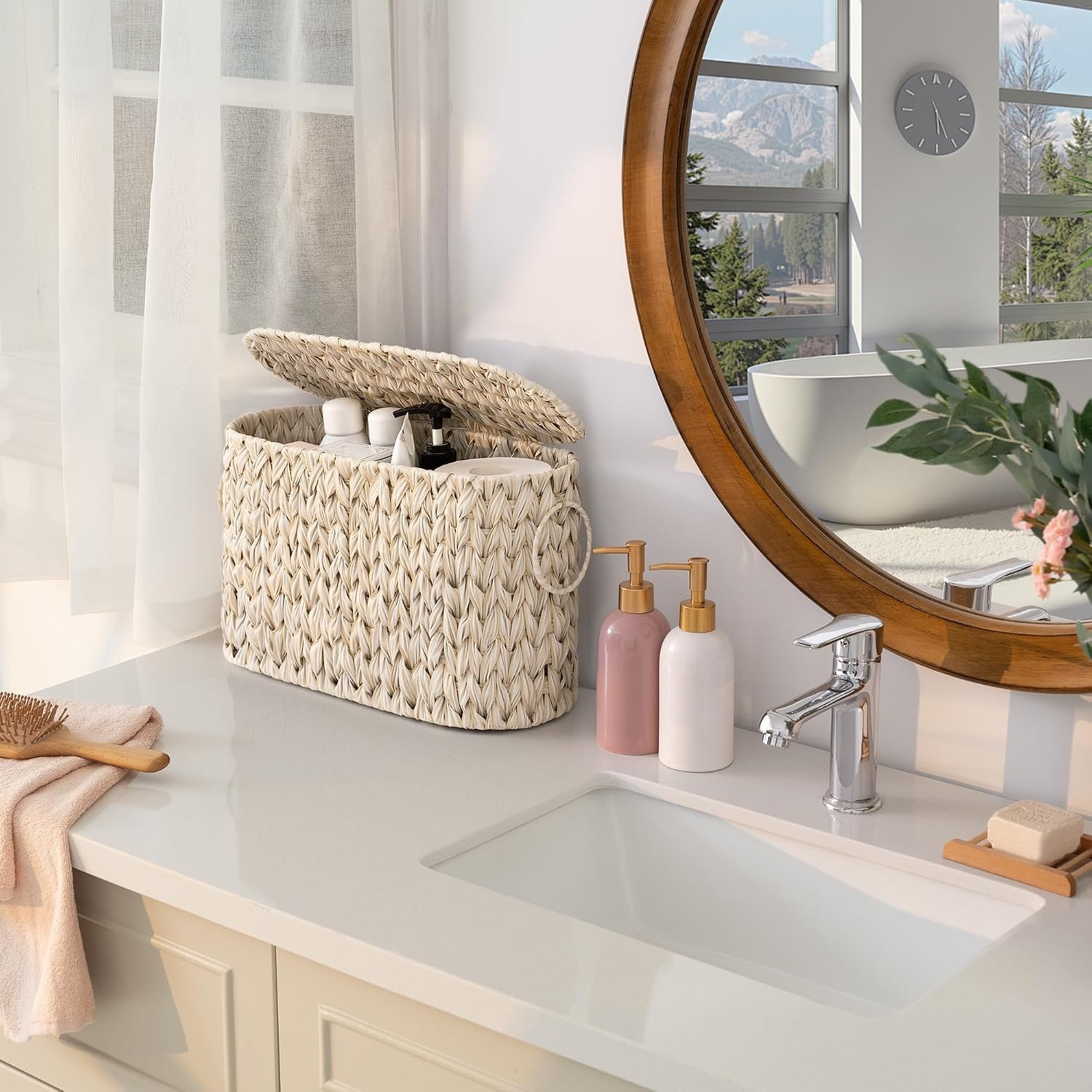 image:imageGRANNY SAYS Toilet Paper Storage Basket with Lid and Handle Durable Toilet Paper Holder Waterproof Bathroom Organizers and Storage Wicker Basket for Bathroom Storage GreyButter Milk
